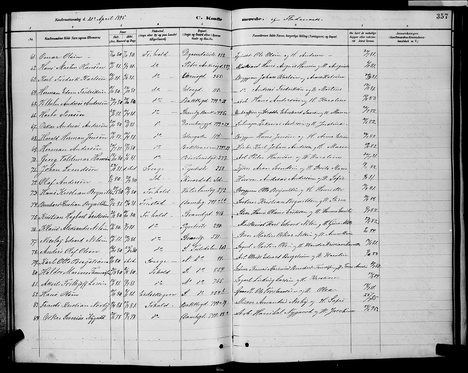 Halden prestekontor Kirkebøker, SAO/A-10909/G/Ga/L0008: Parish register (copy) no. 8, 1885-1899, p. 357