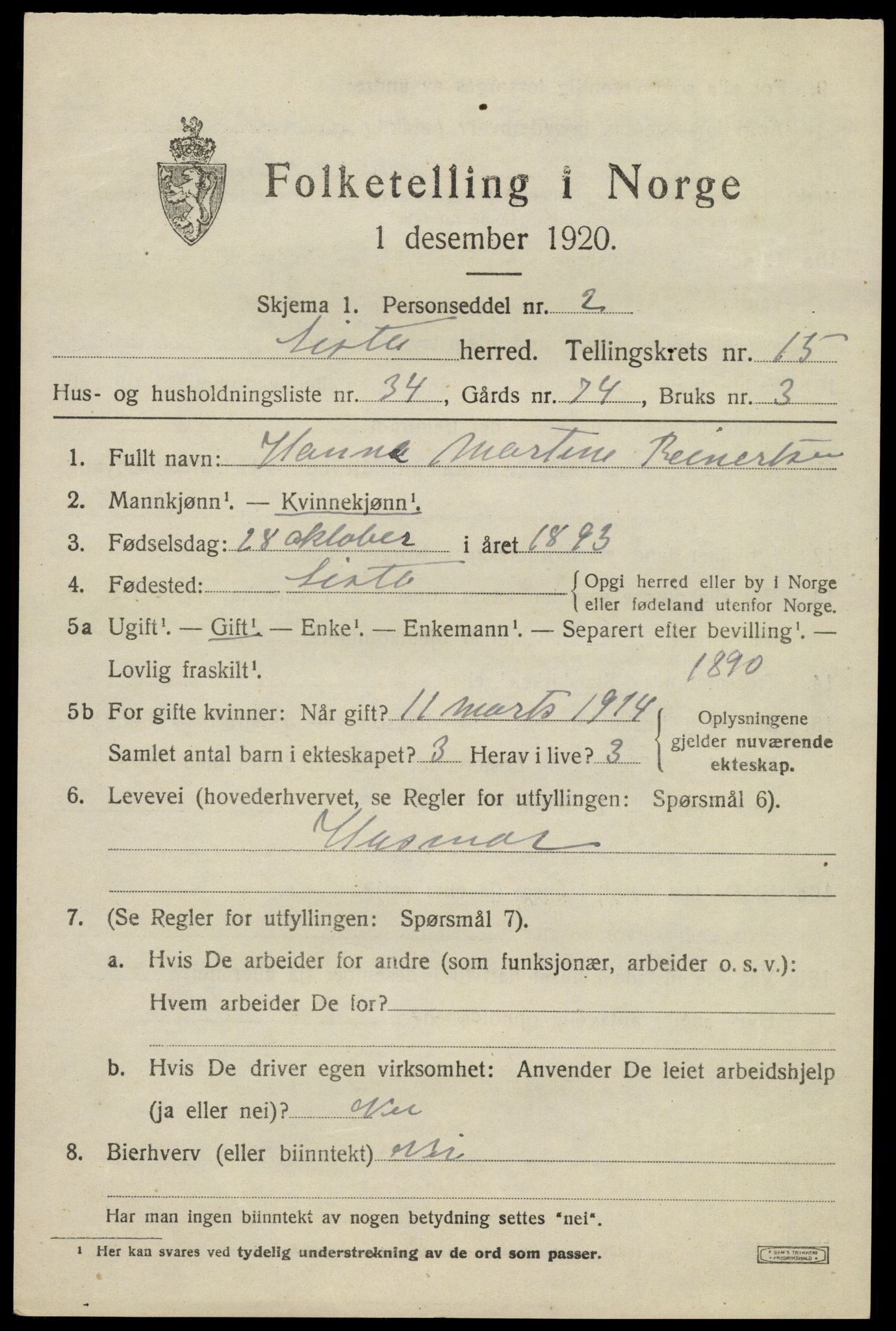 SAK, 1920 census for Lista, 1920, p. 12877