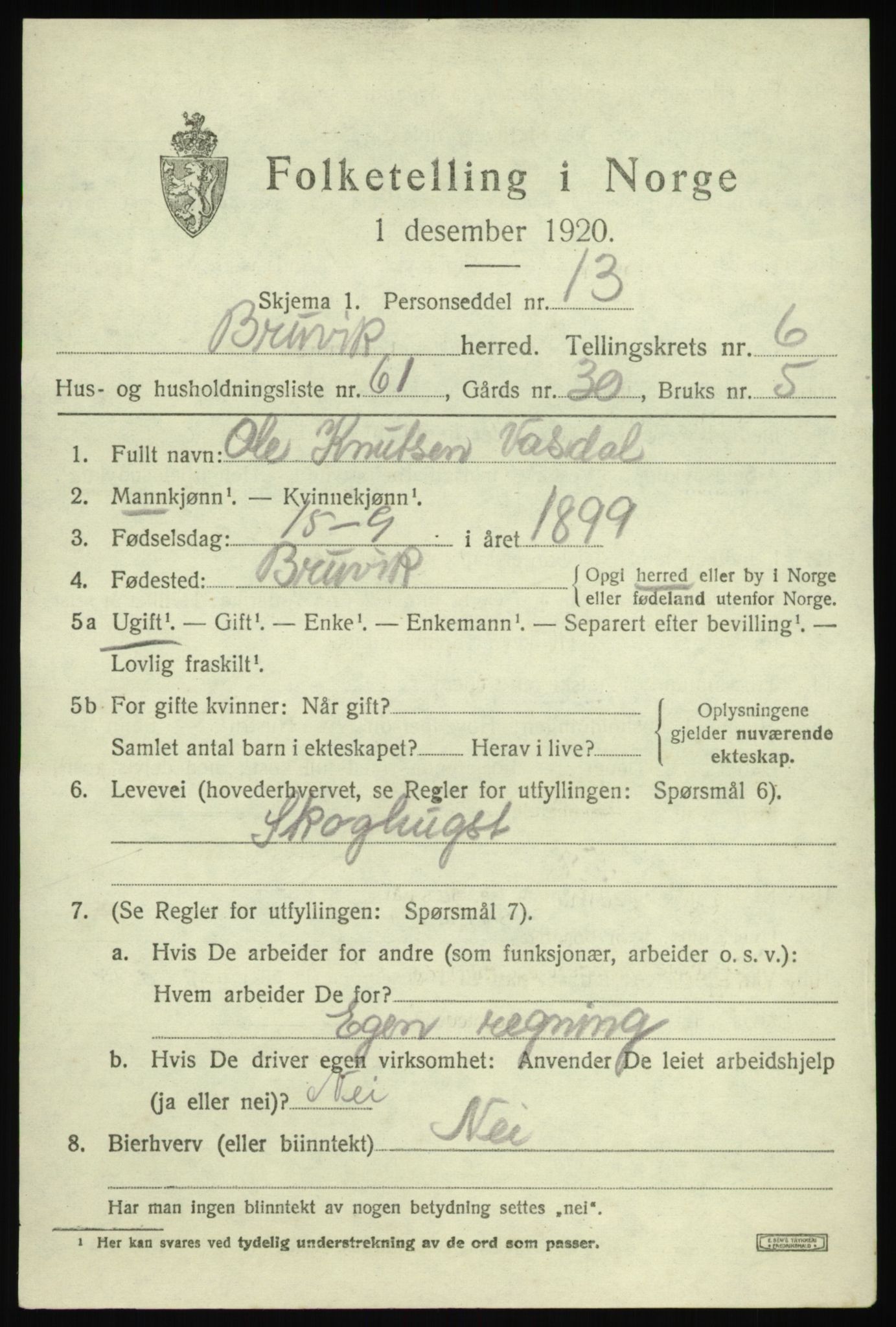 SAB, 1920 census for Bruvik, 1920, p. 4884