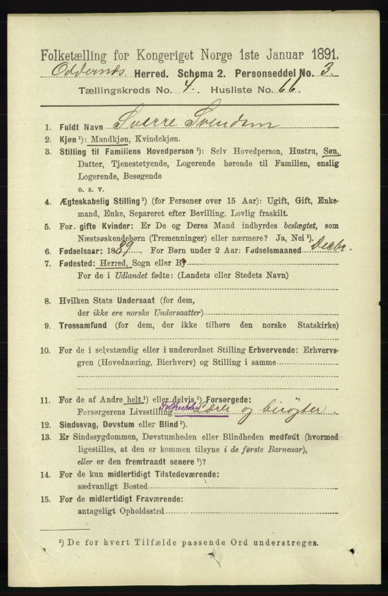 RA, 1891 census for 1012 Oddernes, 1891, p. 1706