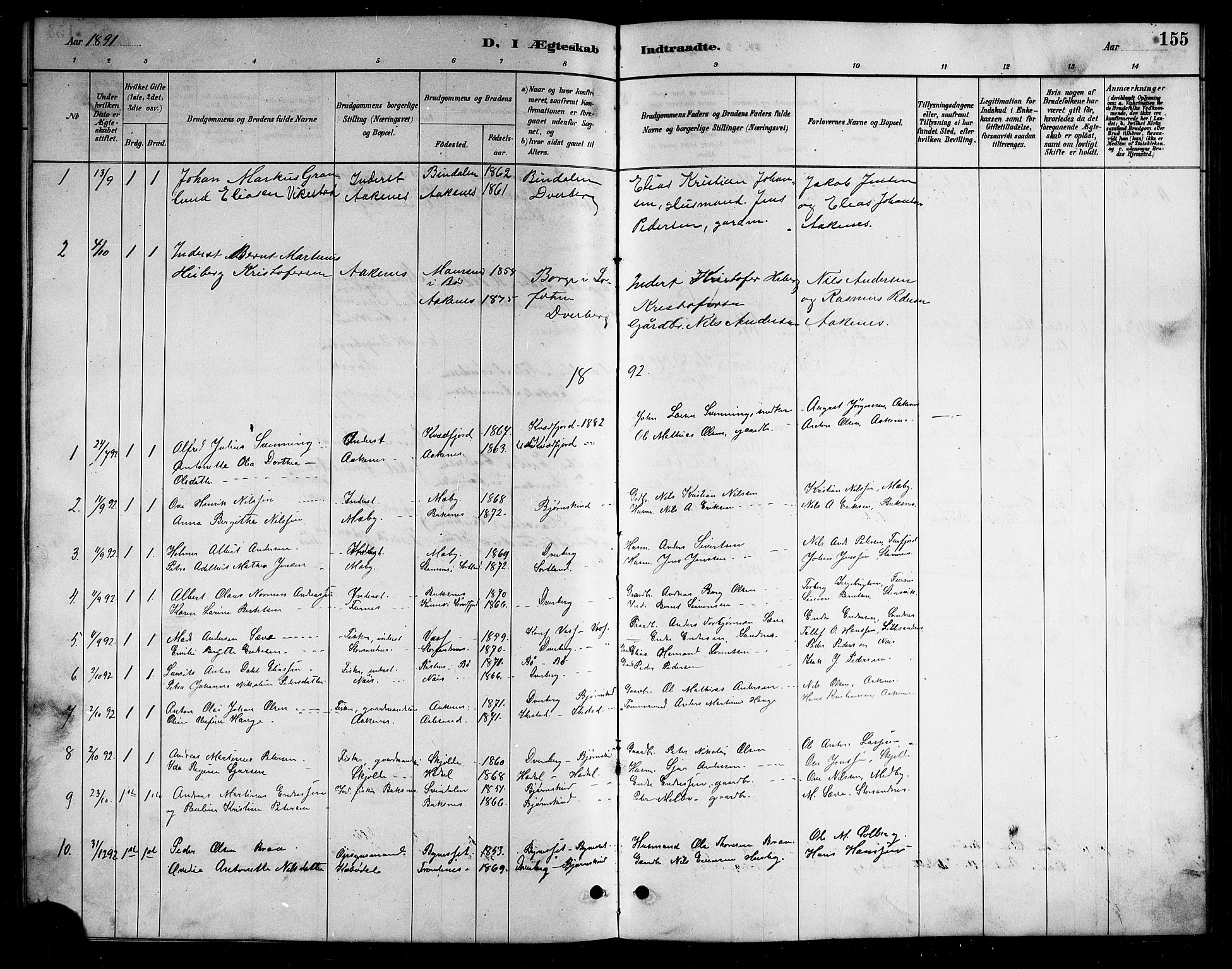 Ministerialprotokoller, klokkerbøker og fødselsregistre - Nordland, AV/SAT-A-1459/898/L1427: Parish register (copy) no. 898C02, 1887-1917, p. 155