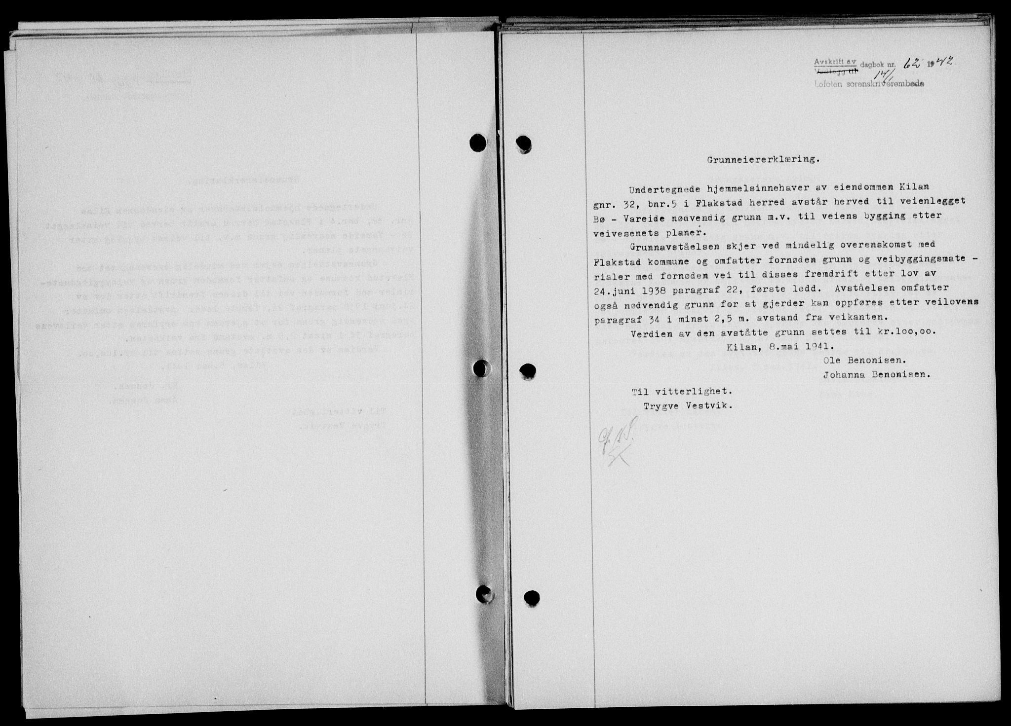Lofoten sorenskriveri, SAT/A-0017/1/2/2C/L0009a: Mortgage book no. 9a, 1941-1942, Diary no: : 62/1942