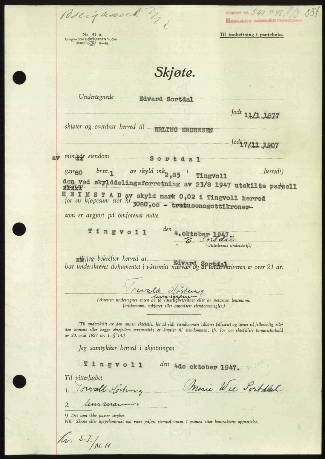 Nordmøre sorenskriveri, AV/SAT-A-4132/1/2/2Ca: Mortgage book no. A107, 1947-1948, Diary no: : 541/1948