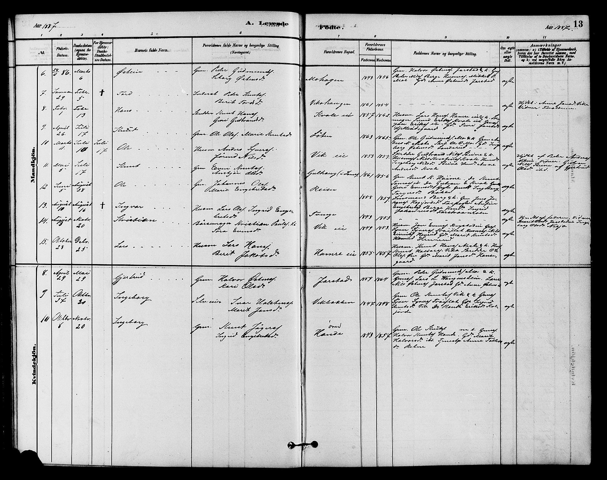 Vestre Slidre prestekontor, SAH/PREST-136/H/Ha/Hab/L0004: Parish register (copy) no. 4, 1881-1912, p. 13