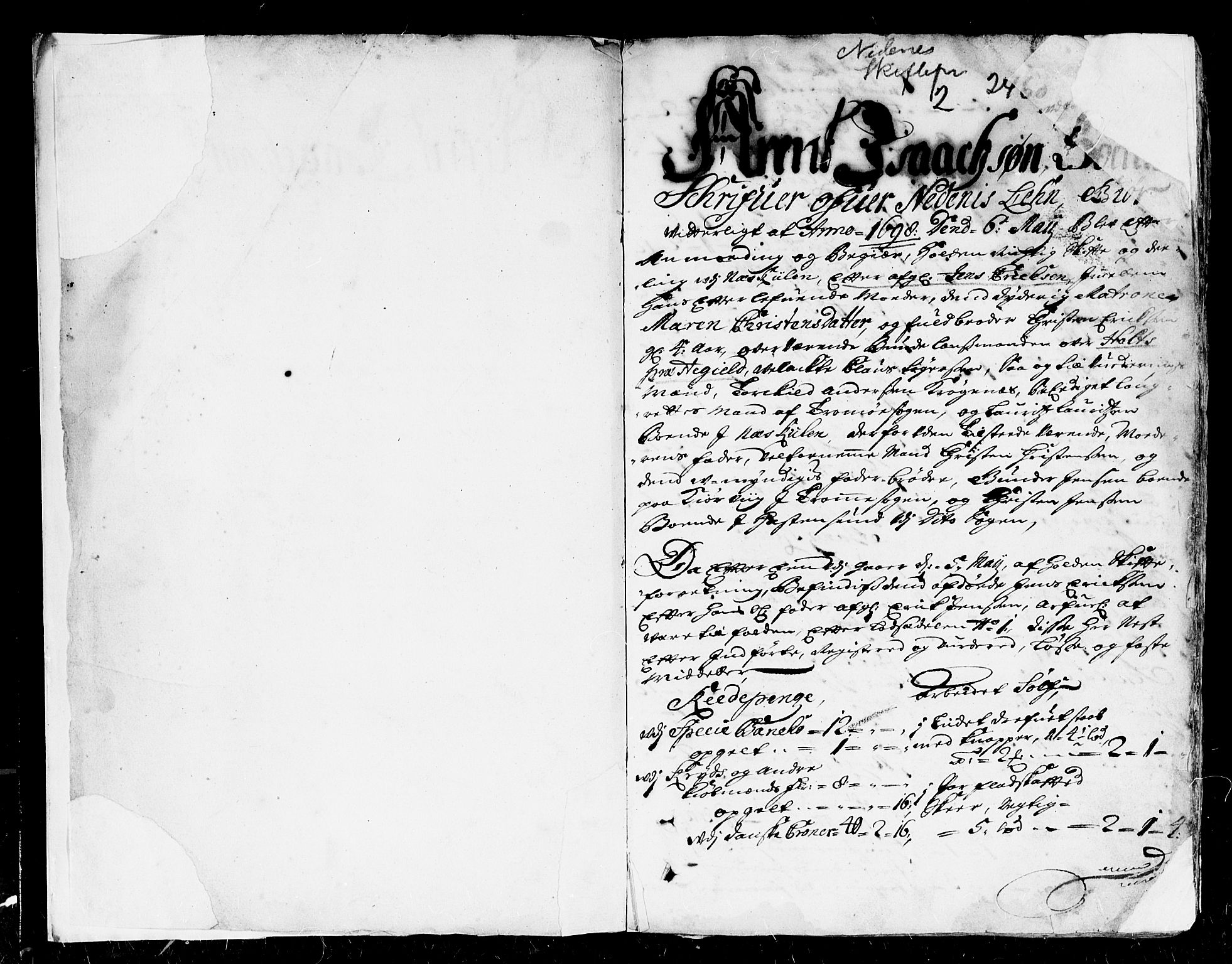 Nedenes sorenskriveri før 1824, SAK/1221-0007/H/Hc/L0002: Skifteprotokoll med register nr 2, 1698-1701, p. 0b-1a