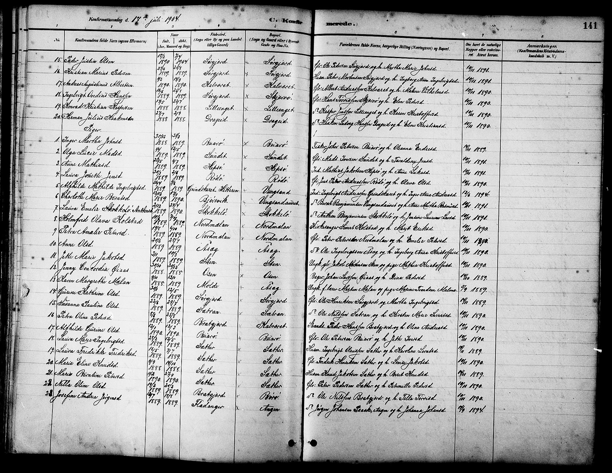 Ministerialprotokoller, klokkerbøker og fødselsregistre - Sør-Trøndelag, SAT/A-1456/658/L0726: Parish register (copy) no. 658C02, 1883-1908, p. 141