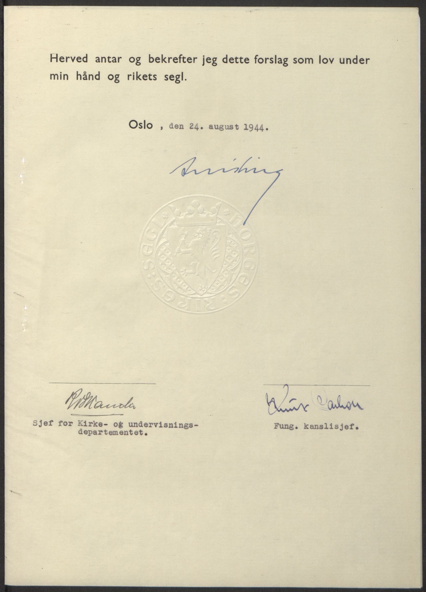 NS-administrasjonen 1940-1945 (Statsrådsekretariatet, de kommisariske statsråder mm), AV/RA-S-4279/D/Db/L0100: Lover, 1944, p. 394