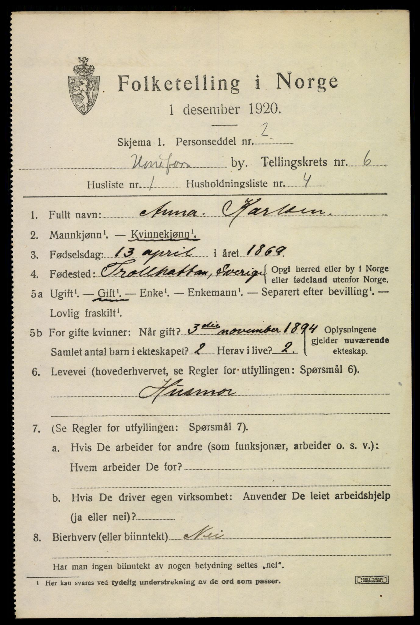 SAKO, 1920 census for Hønefoss, 1920, p. 6994