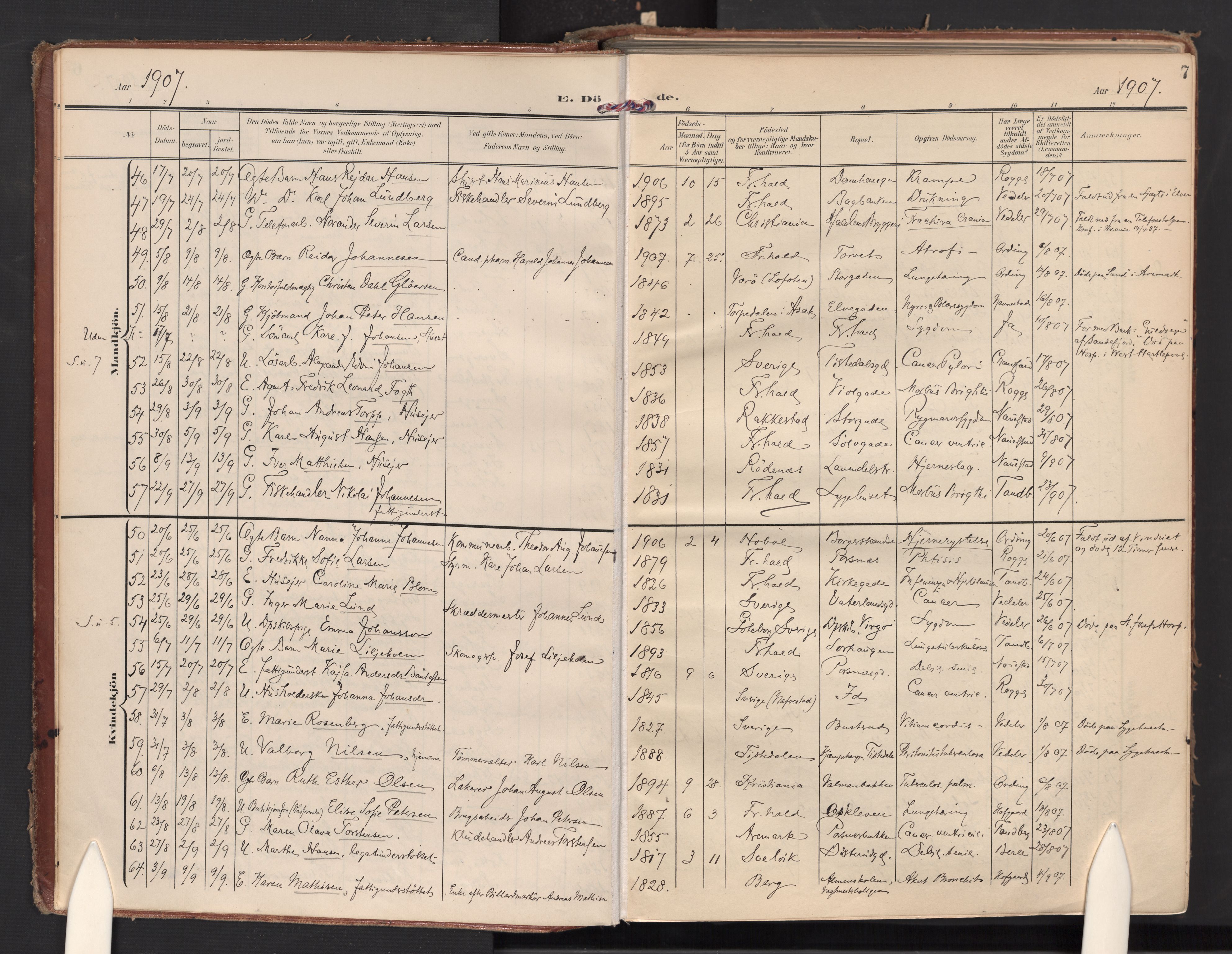 Halden prestekontor Kirkebøker, AV/SAO-A-10909/F/Fa/L0016: Parish register (official) no. I 16, 1907-1925, p. 7