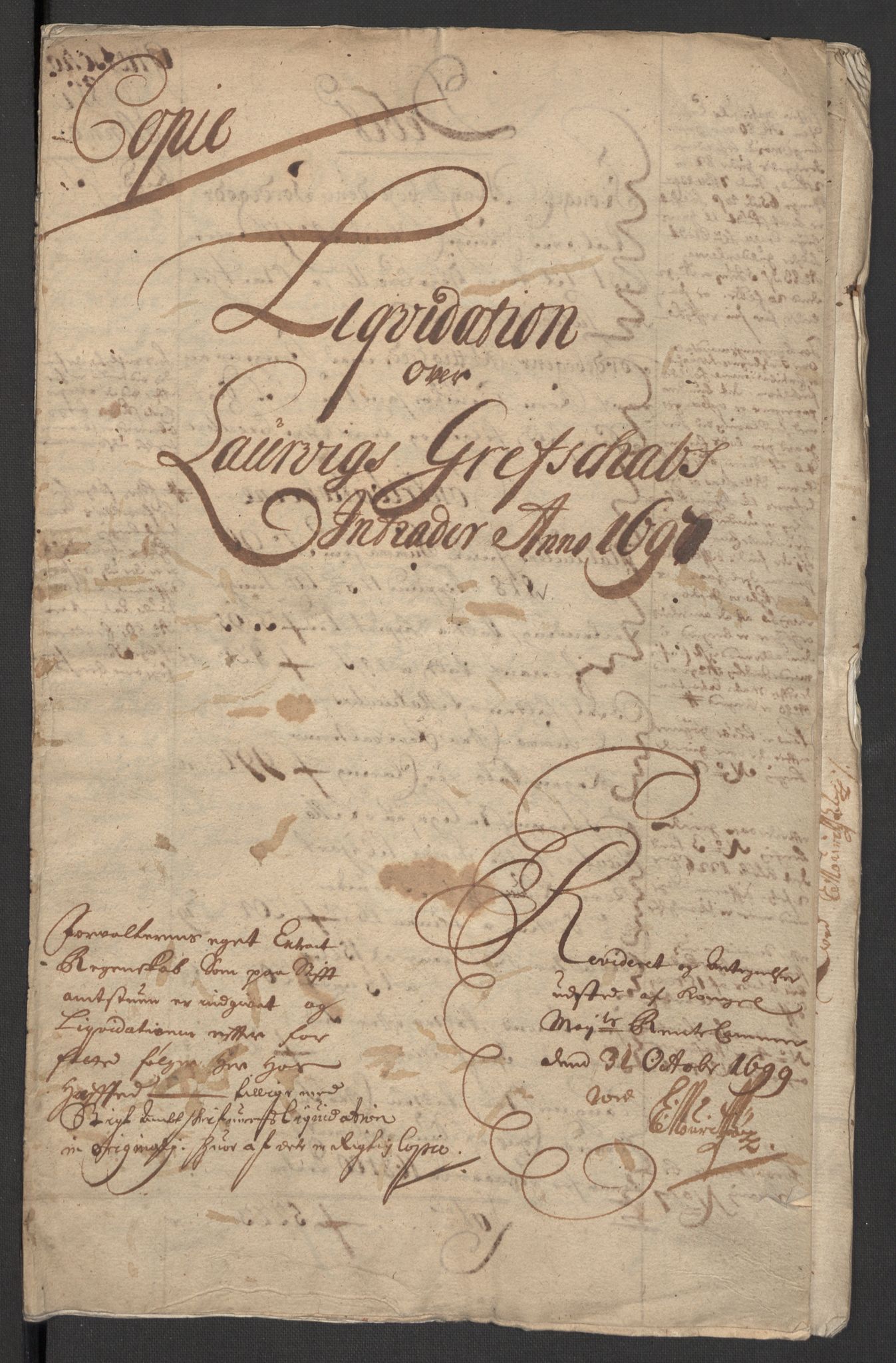 Rentekammeret inntil 1814, Reviderte regnskaper, Fogderegnskap, RA/EA-4092/R33/L1975: Fogderegnskap Larvik grevskap, 1696-1697, p. 107