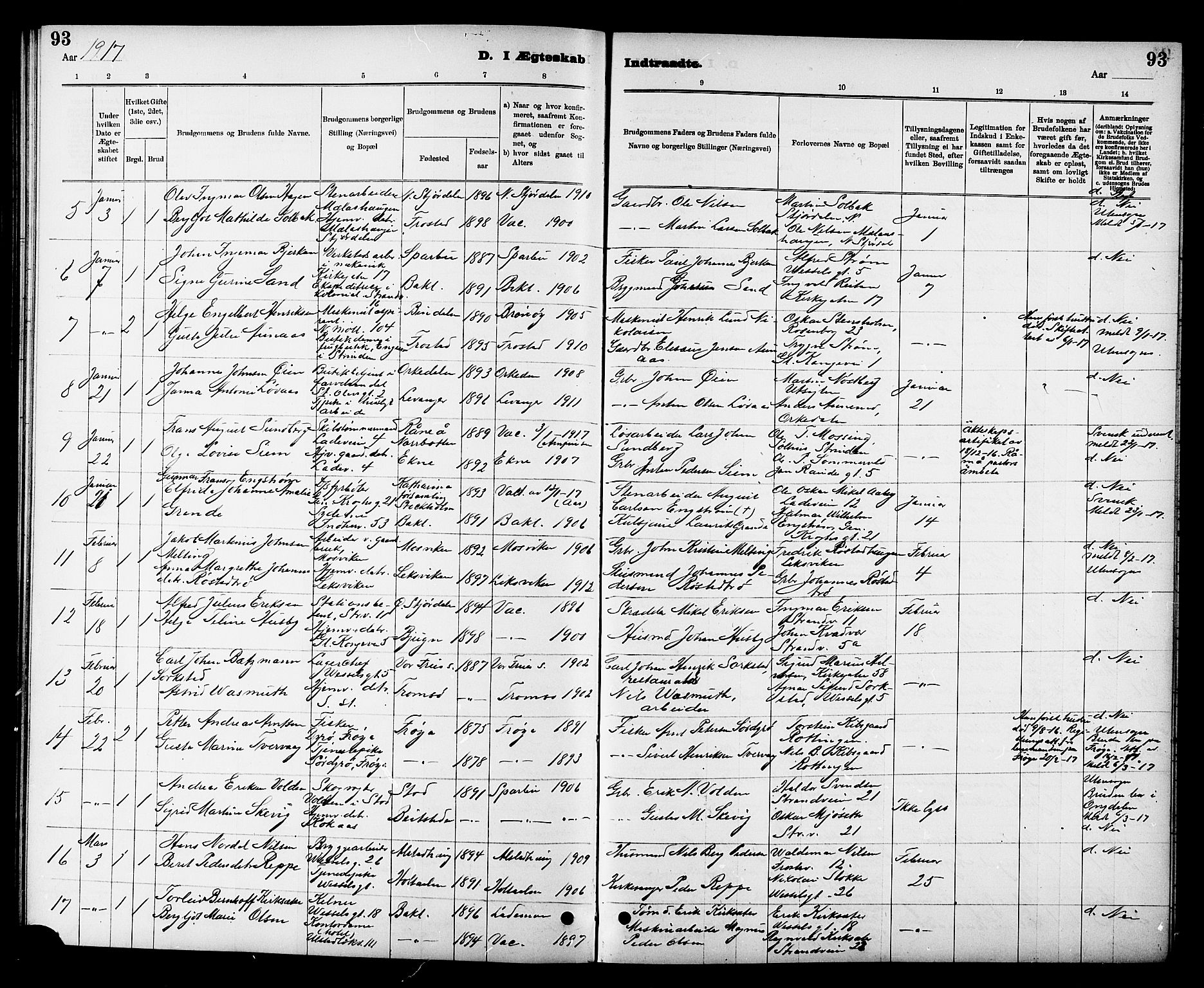 Ministerialprotokoller, klokkerbøker og fødselsregistre - Sør-Trøndelag, SAT/A-1456/605/L0255: Parish register (copy) no. 605C02, 1908-1918, p. 93