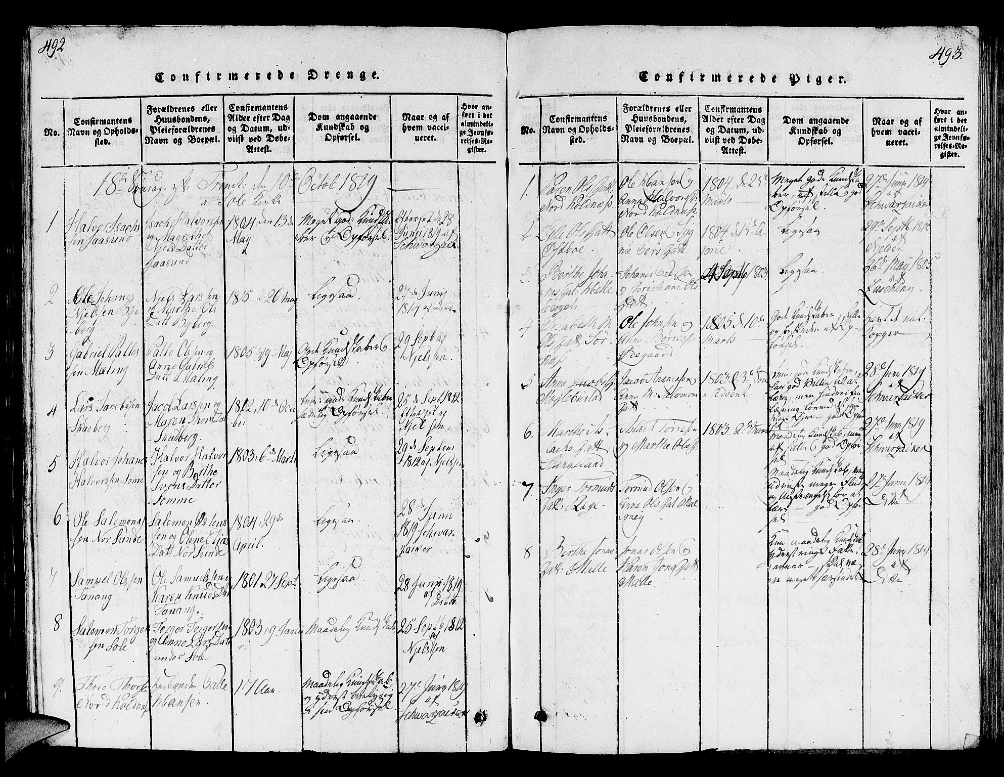 Håland sokneprestkontor, SAST/A-101802/001/30BB/L0001: Parish register (copy) no. B 1, 1815-1845, p. 492-493