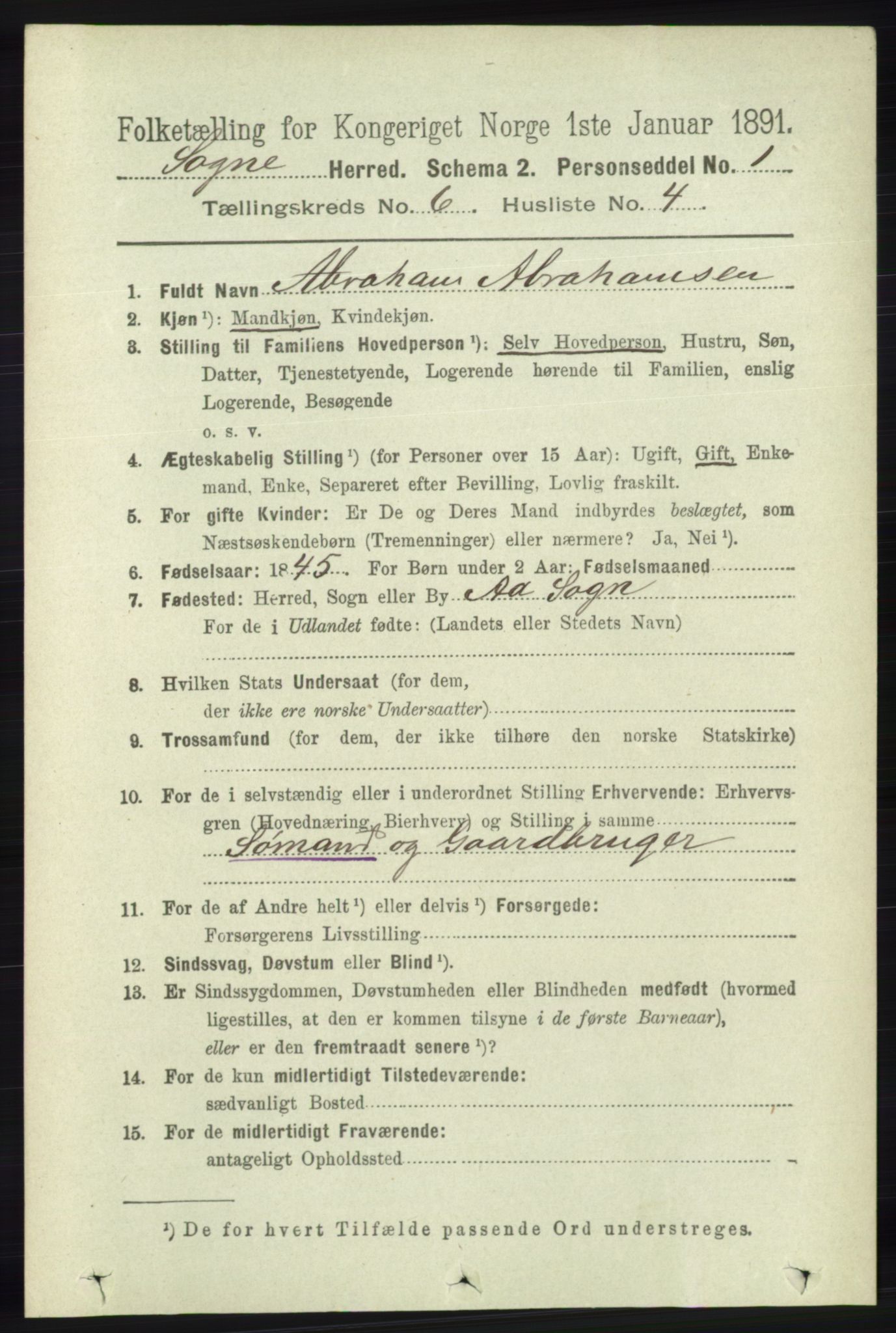 RA, 1891 census for 1018 Søgne, 1891, p. 1383