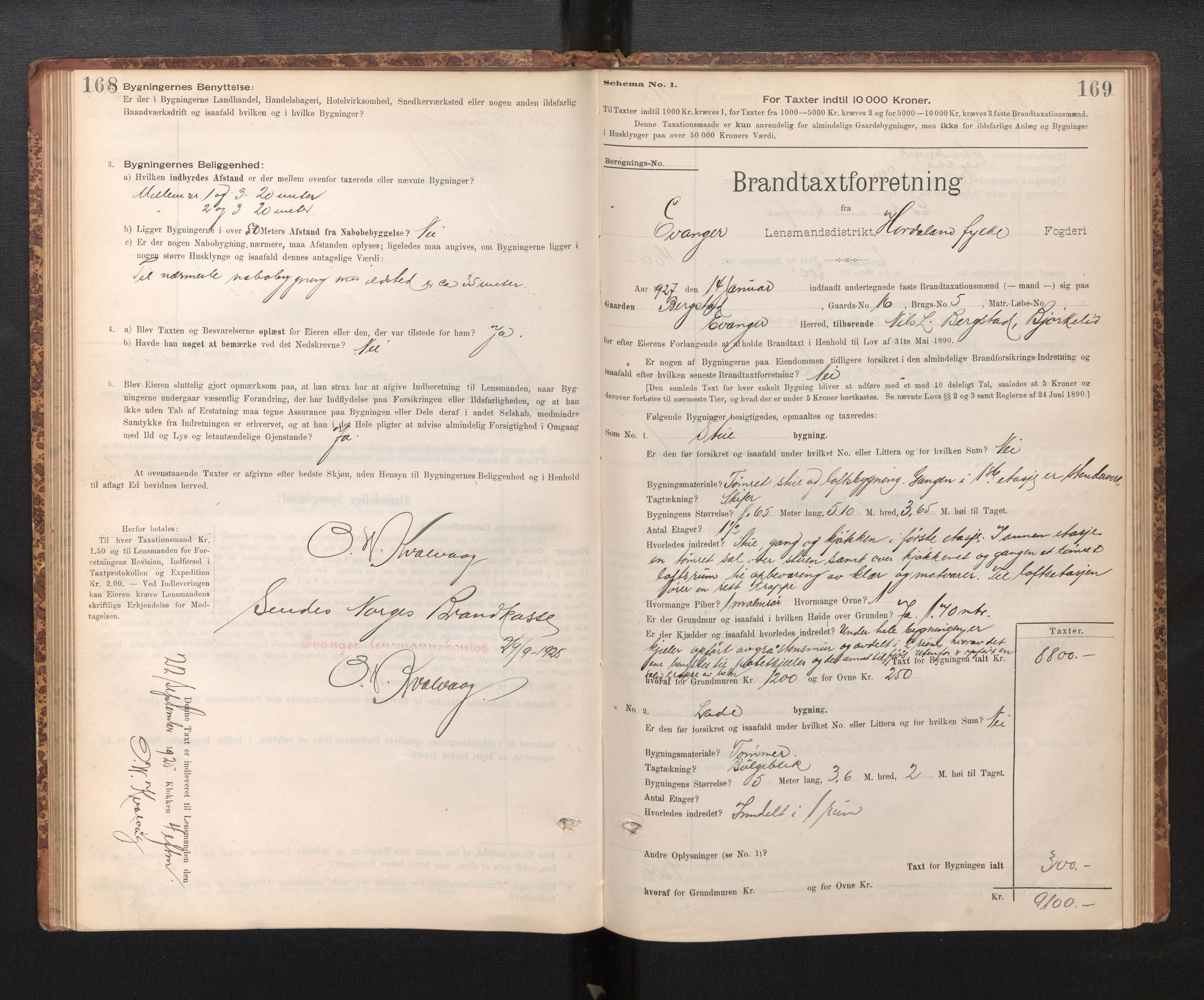 Lensmannen i Evanger, SAB/A-31701/0012/L0005: Branntakstprotokoll, skjematakst, 1895-1935, p. 168-169