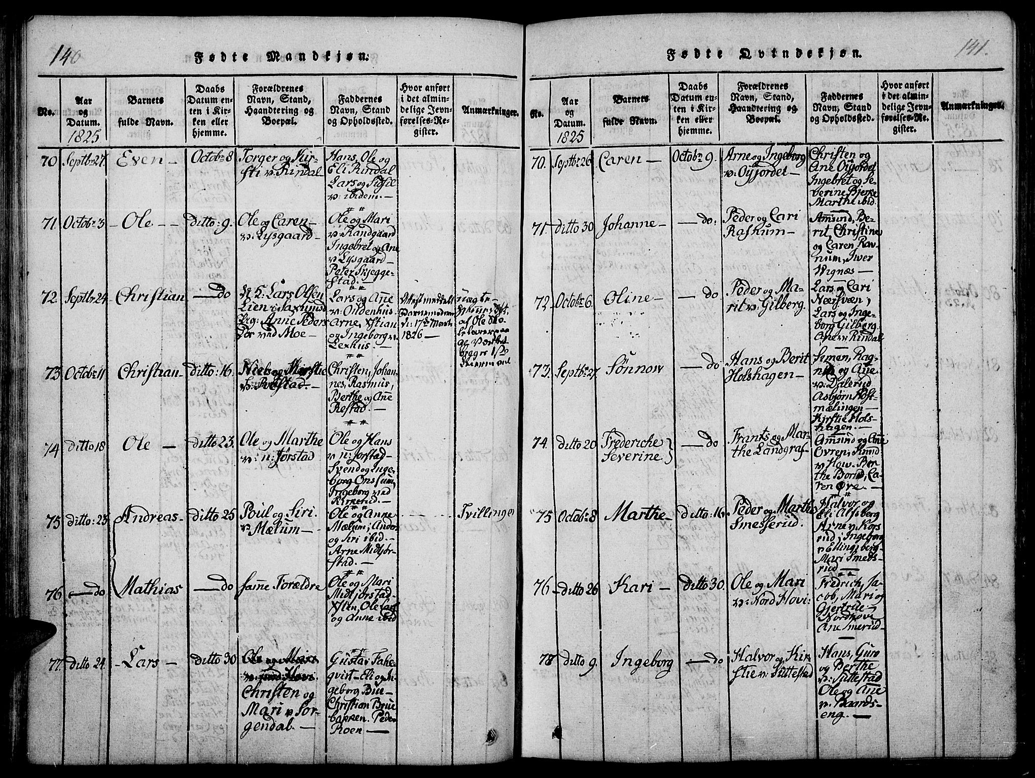 Fåberg prestekontor, AV/SAH-PREST-086/H/Ha/Haa/L0003: Parish register (official) no. 3, 1818-1833, p. 140-141