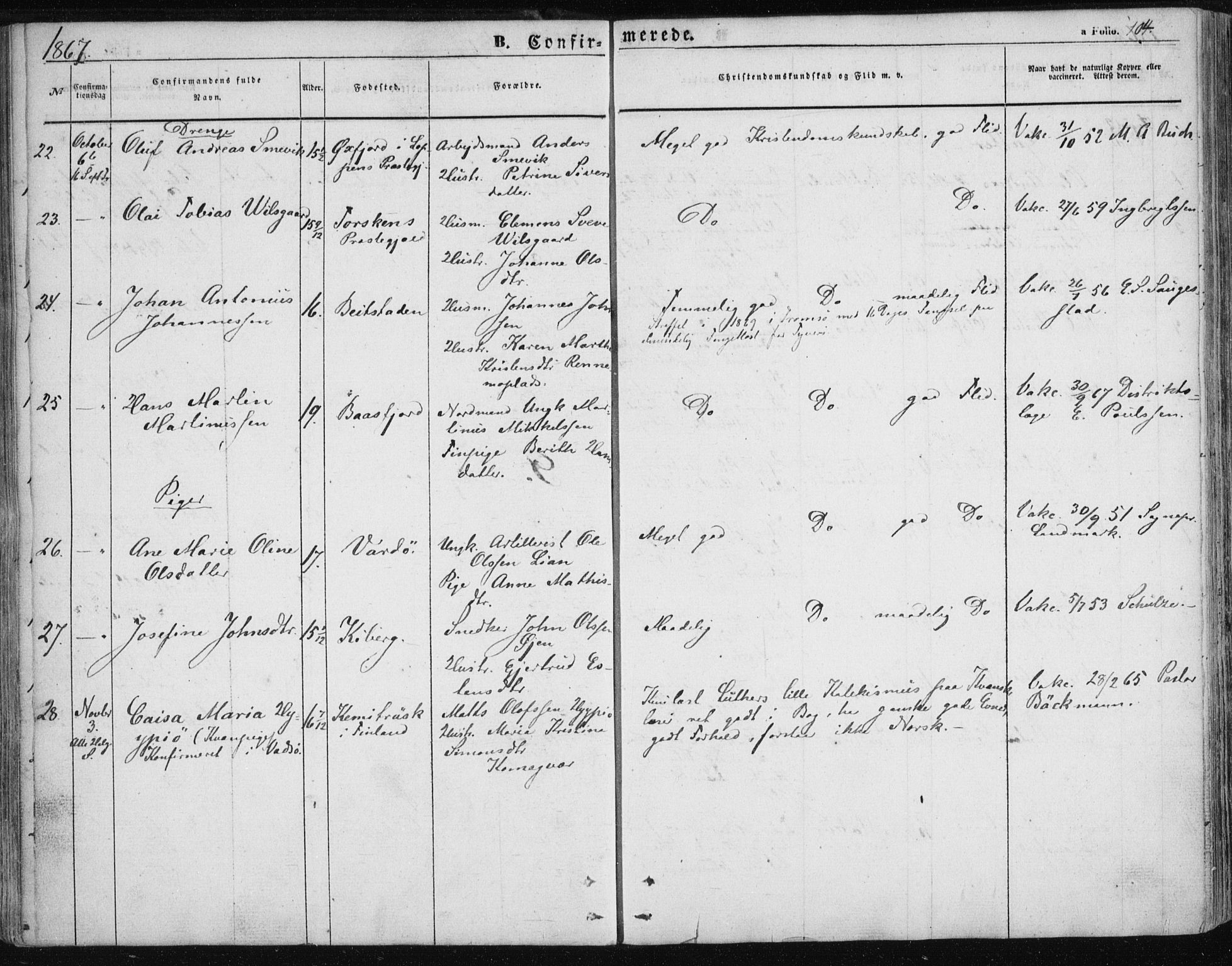 Vardø sokneprestkontor, AV/SATØ-S-1332/H/Ha/L0004kirke: Parish register (official) no. 4, 1862-1871, p. 104