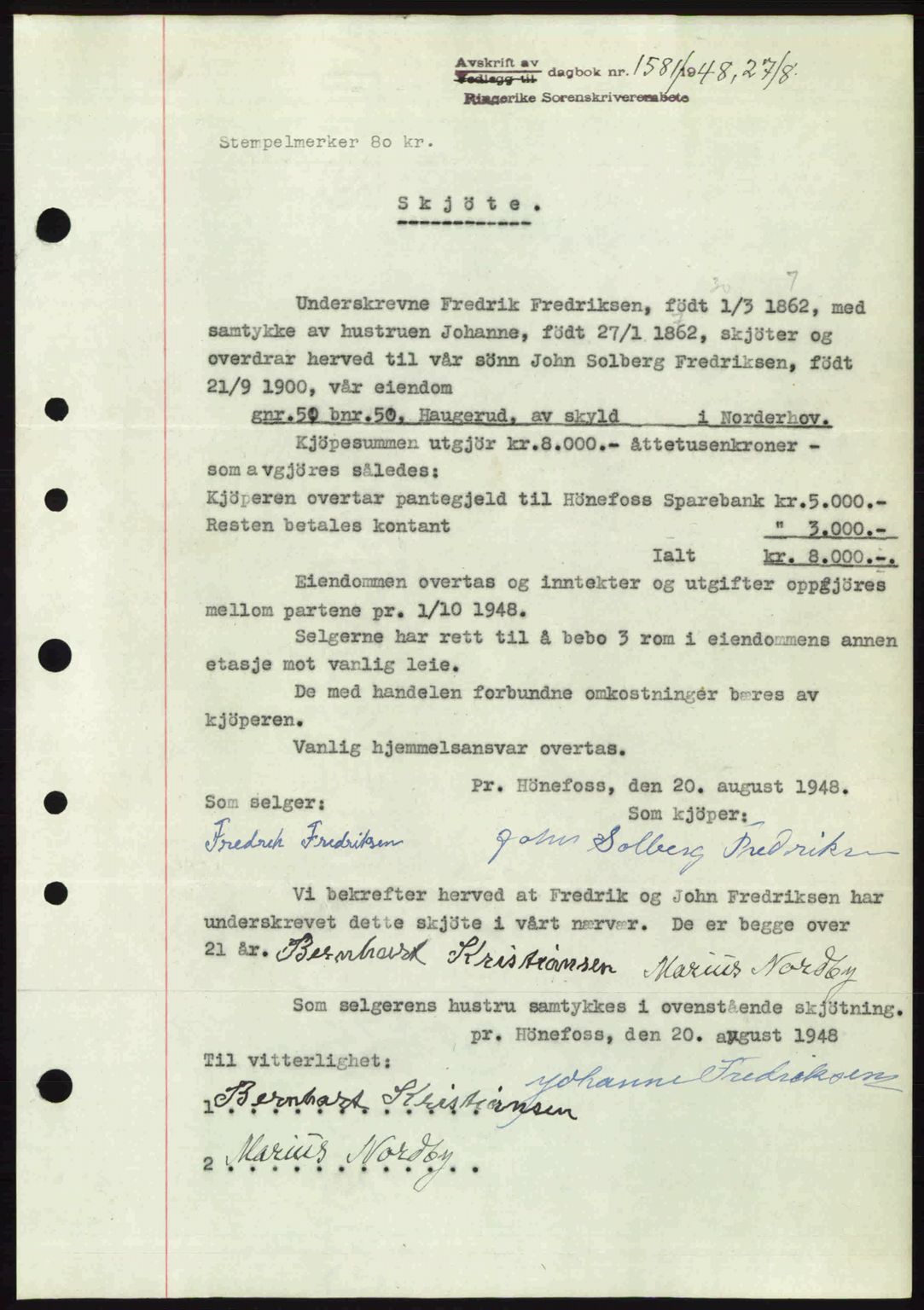 Ringerike sorenskriveri, AV/SAKO-A-105/G/Ga/Gab/L0088: Mortgage book no. A-19, 1948-1948, Diary no: : 1581/1948