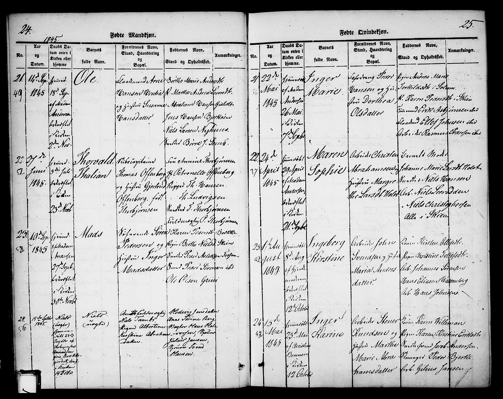 Skien kirkebøker, SAKO/A-302/F/Fa/L0006b: Parish register (official) no. 6B, 1843-1846, p. 24-25