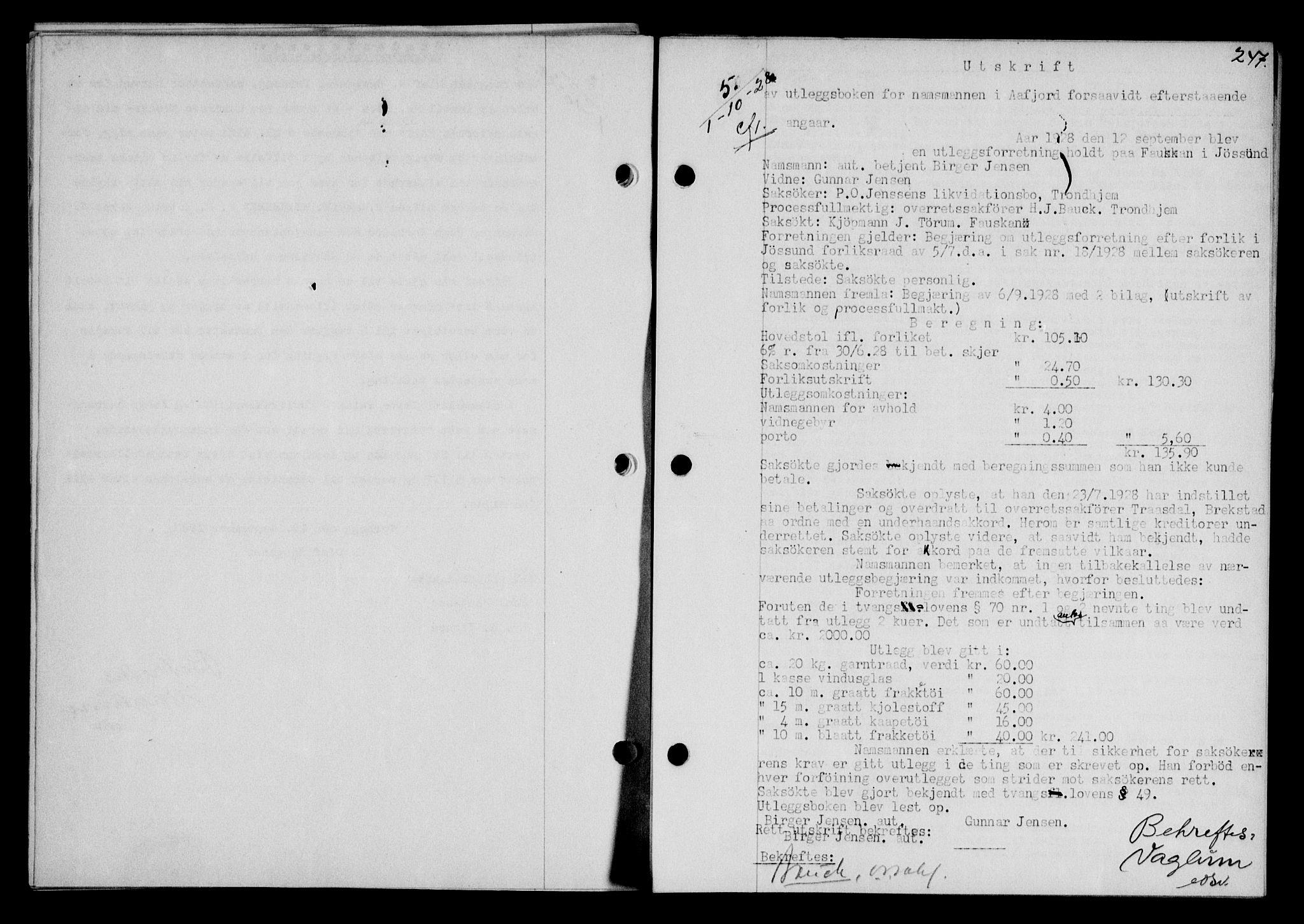 Fosen sorenskriveri, SAT/A-1107/1/2/2C/L0067: Mortgage book no. 58, 1928-1929, p. 247, Deed date: 01.10.1928