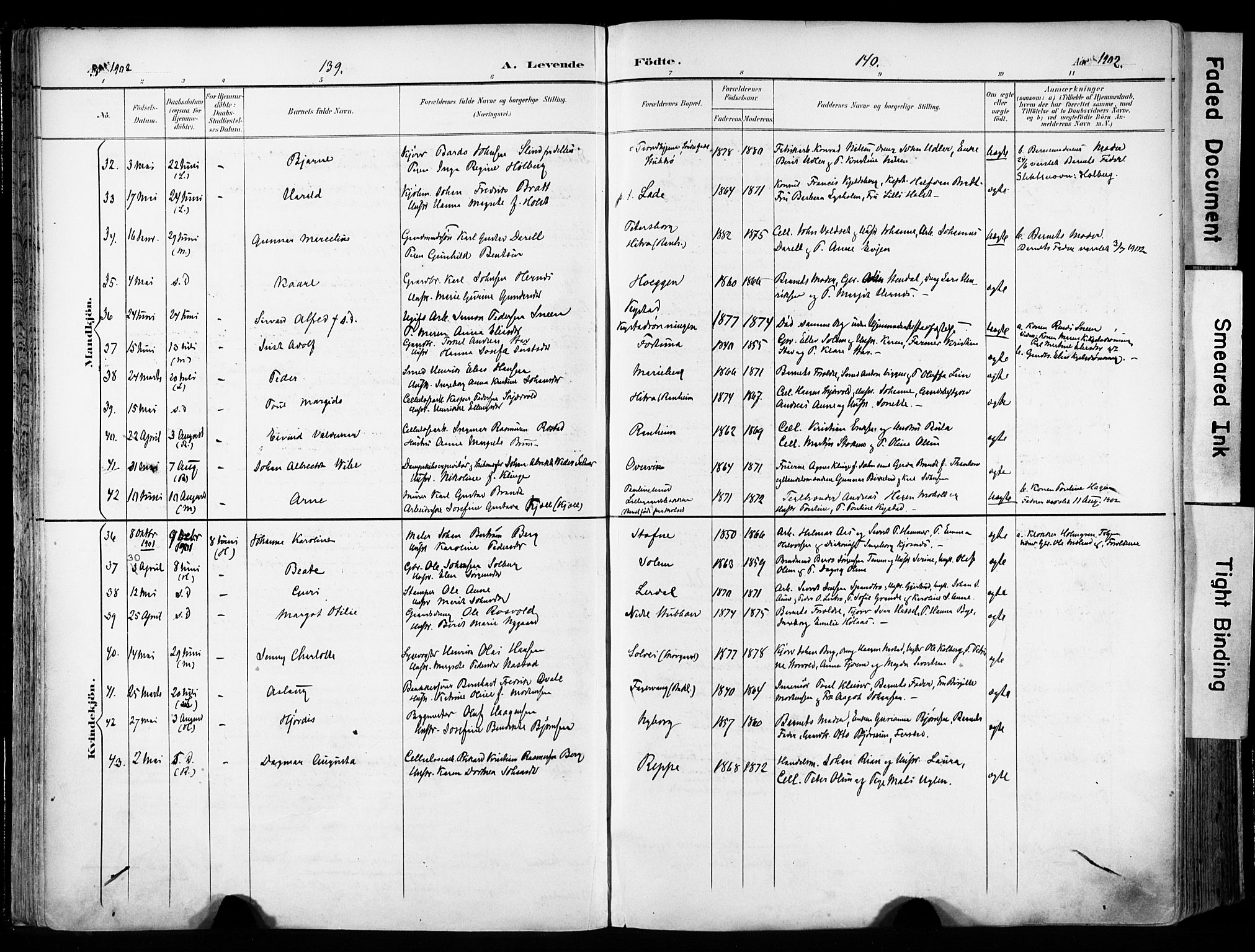 Ministerialprotokoller, klokkerbøker og fødselsregistre - Sør-Trøndelag, AV/SAT-A-1456/606/L0301: Parish register (official) no. 606A16, 1894-1907, p. 139-140