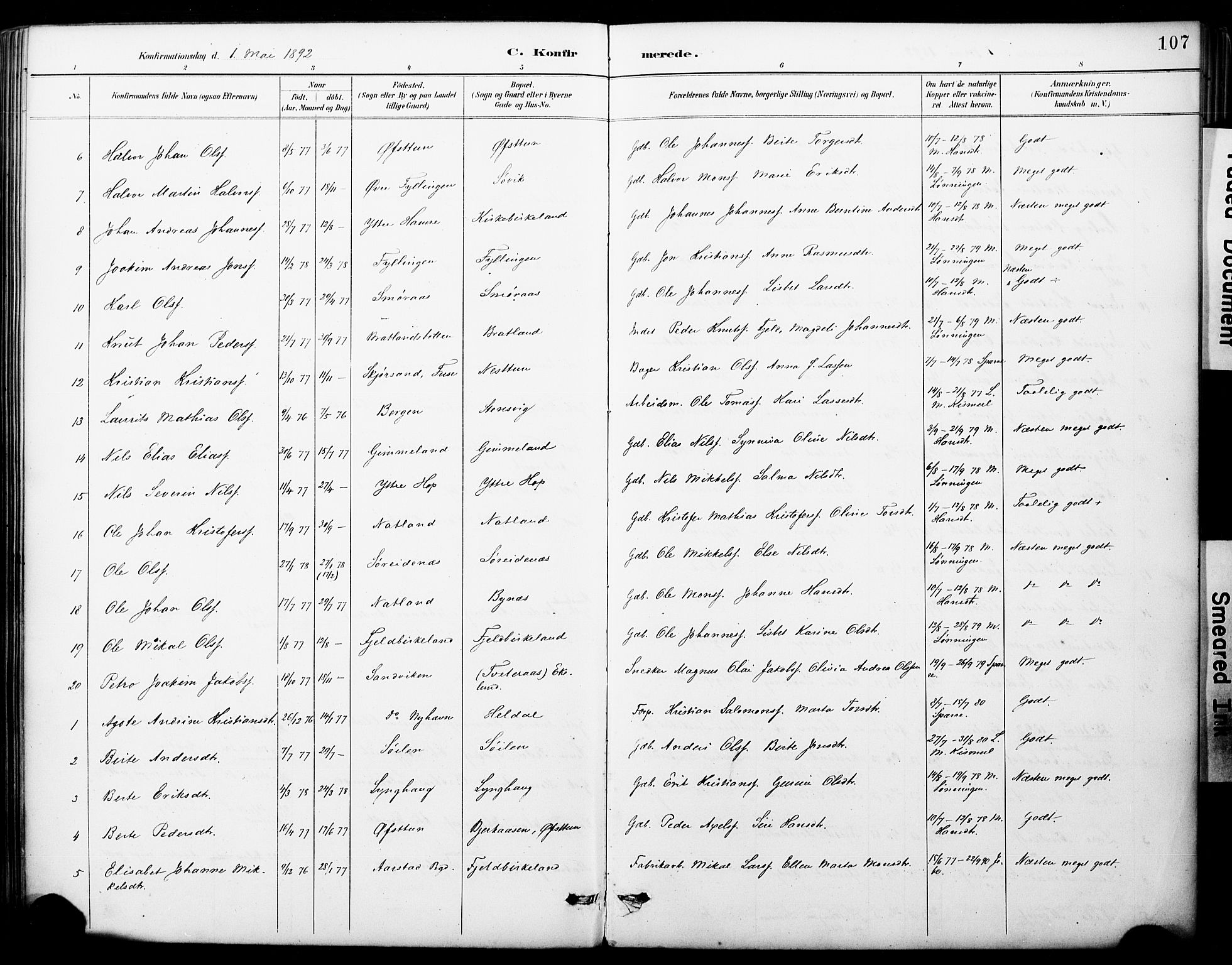 Fana Sokneprestembete, AV/SAB-A-75101/H/Haa/Haai/L0002: Parish register (official) no. I 2, 1888-1899, p. 107