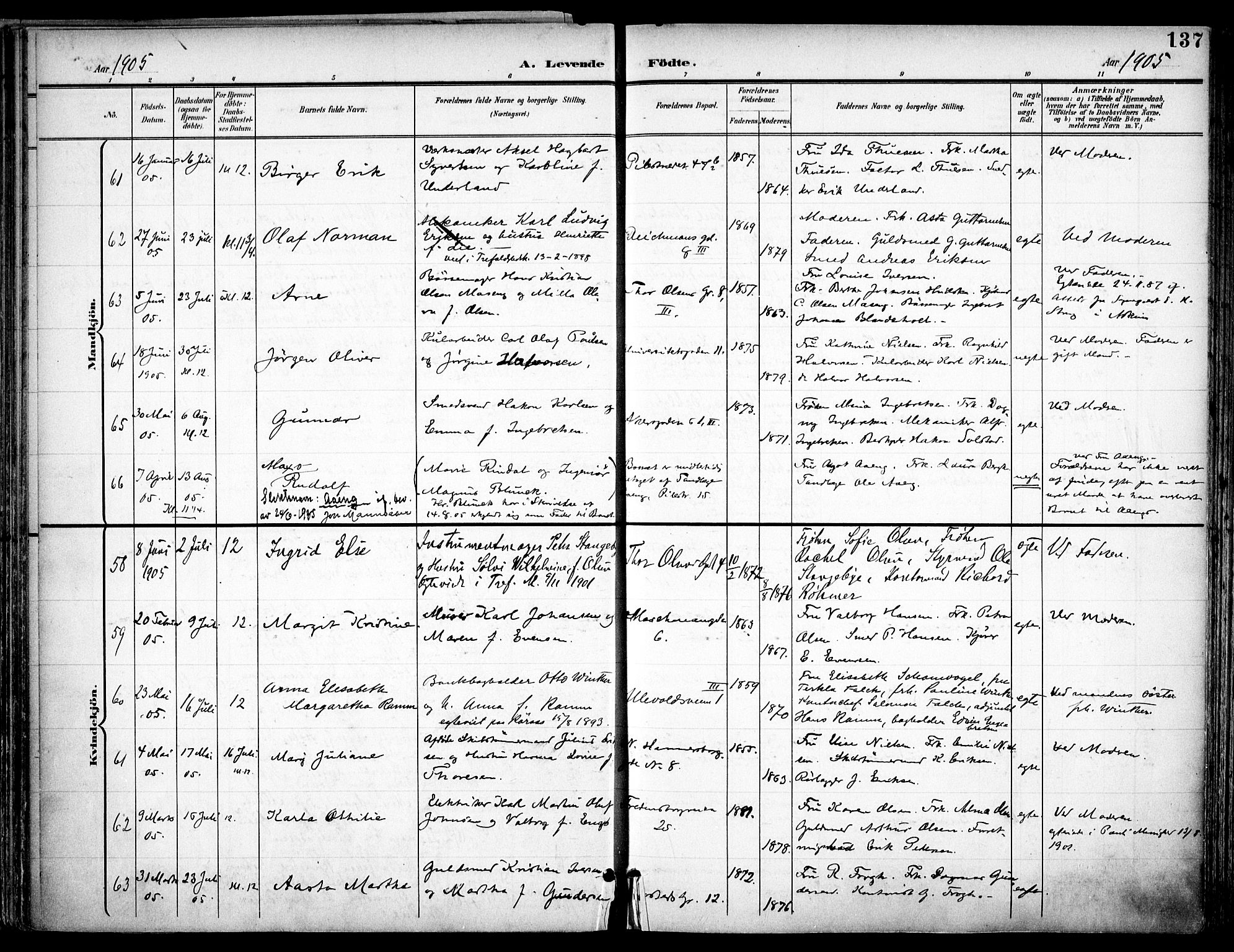 Trefoldighet prestekontor Kirkebøker, SAO/A-10882/F/Fa/L0007: Parish register (official) no. I 7, 1900-1914, p. 137