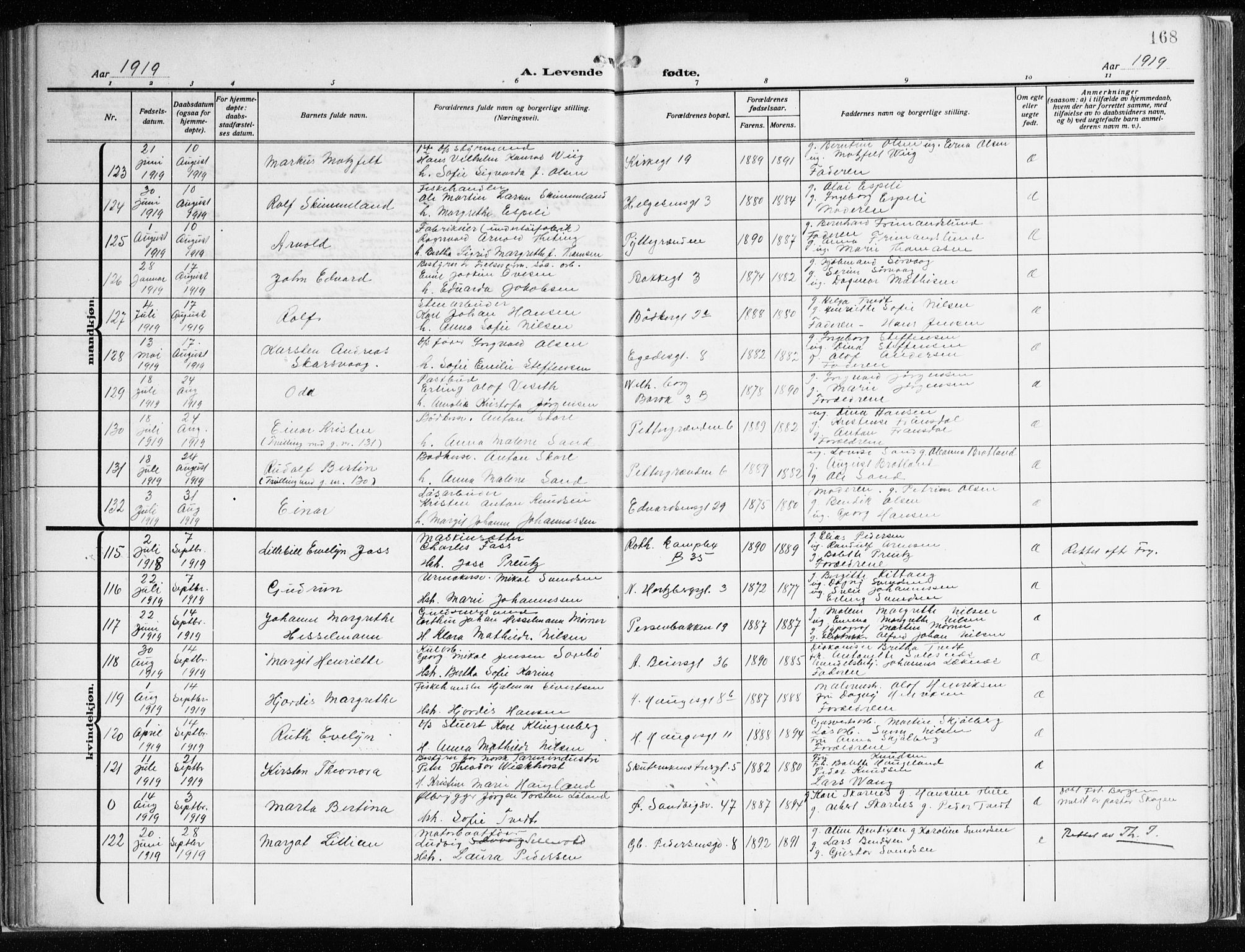 Sandviken Sokneprestembete, AV/SAB-A-77601/H/Ha/L0007: Parish register (official) no. B 4, 1912-1924, p. 168