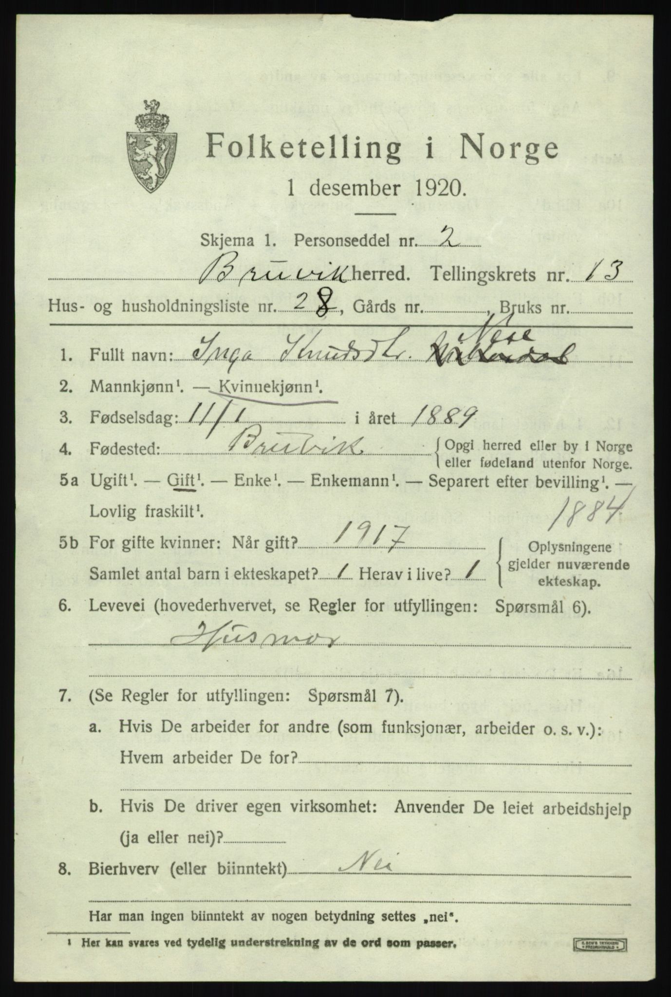 SAB, 1920 census for Bruvik, 1920, p. 8514