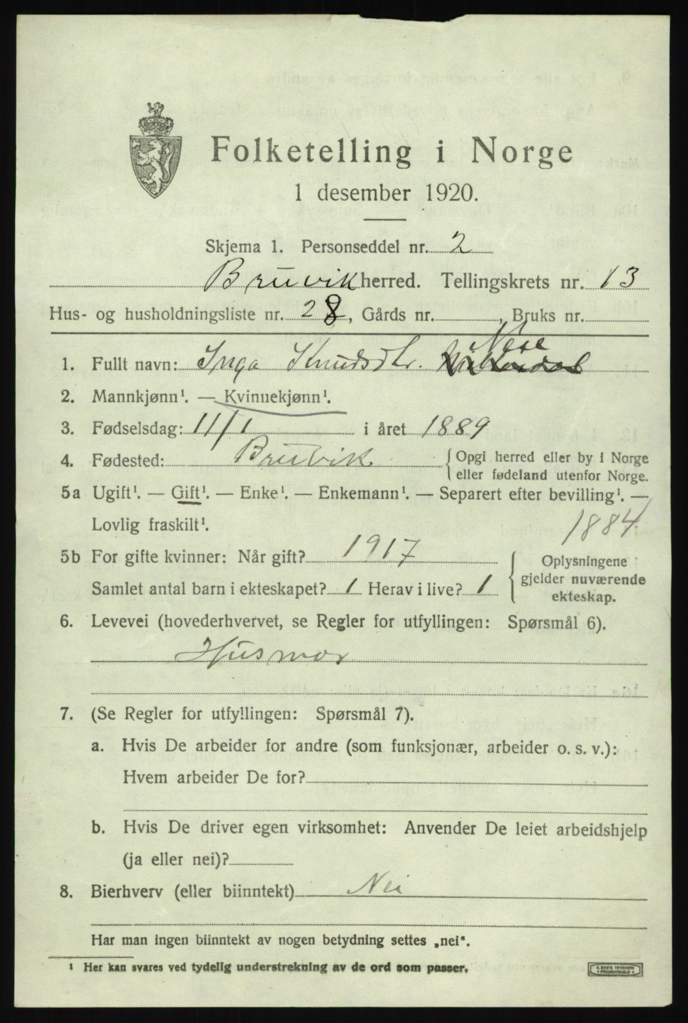 SAB, 1920 census for Bruvik, 1920, p. 8514