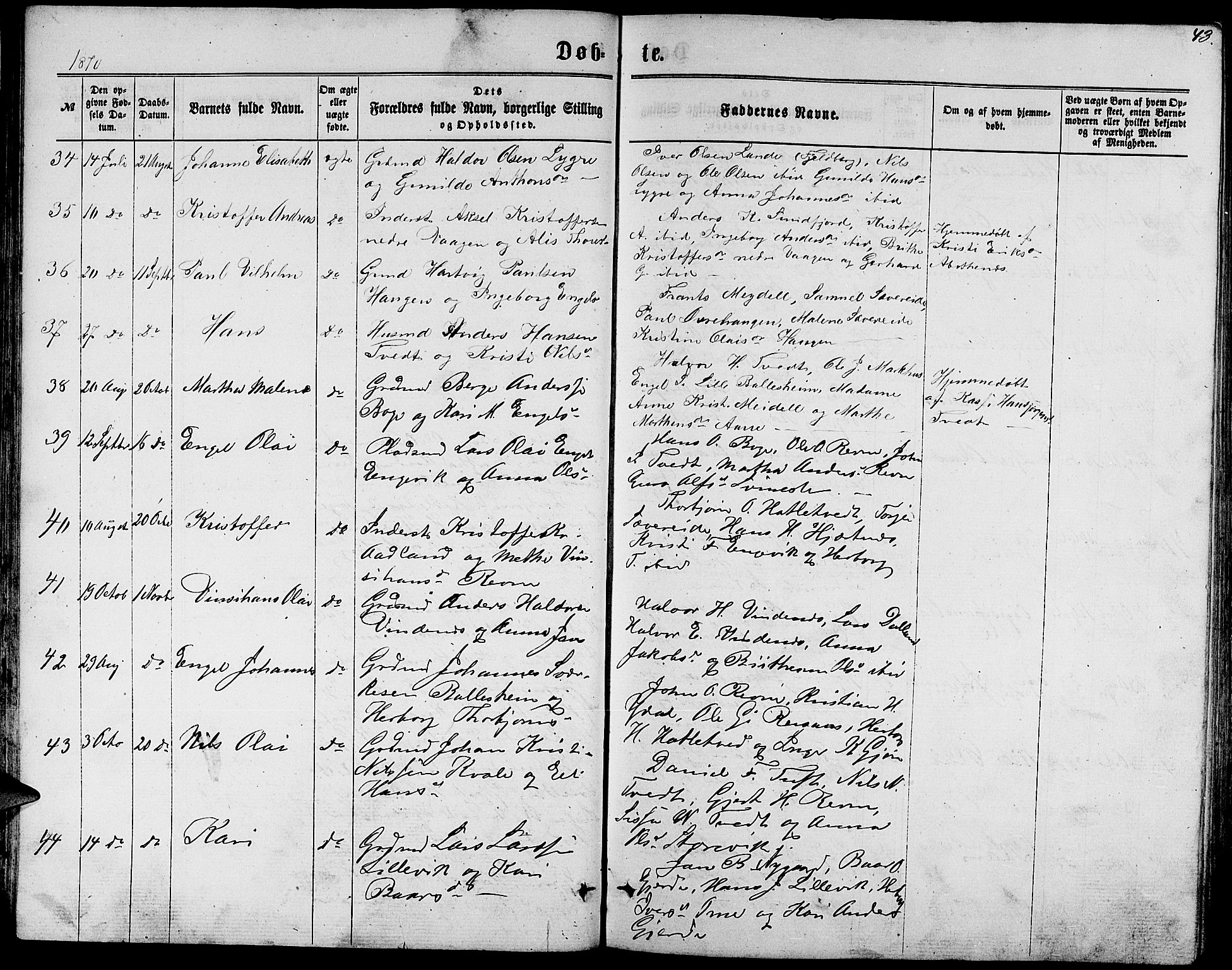 Fusa sokneprestembete, AV/SAB-A-75401/H/Hab: Parish register (copy) no. C 1, 1861-1885, p. 43