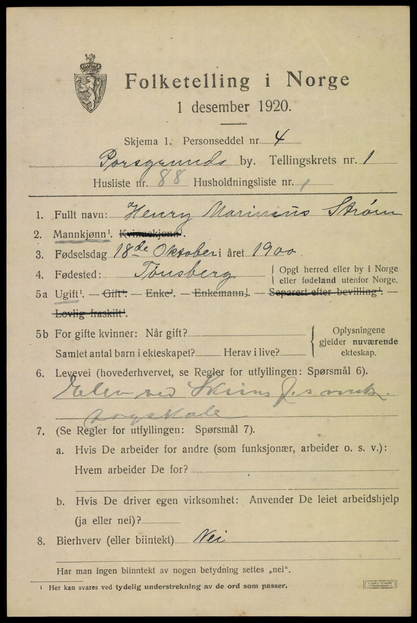 SAKO, 1920 census for Porsgrunn, 1920, p. 8199