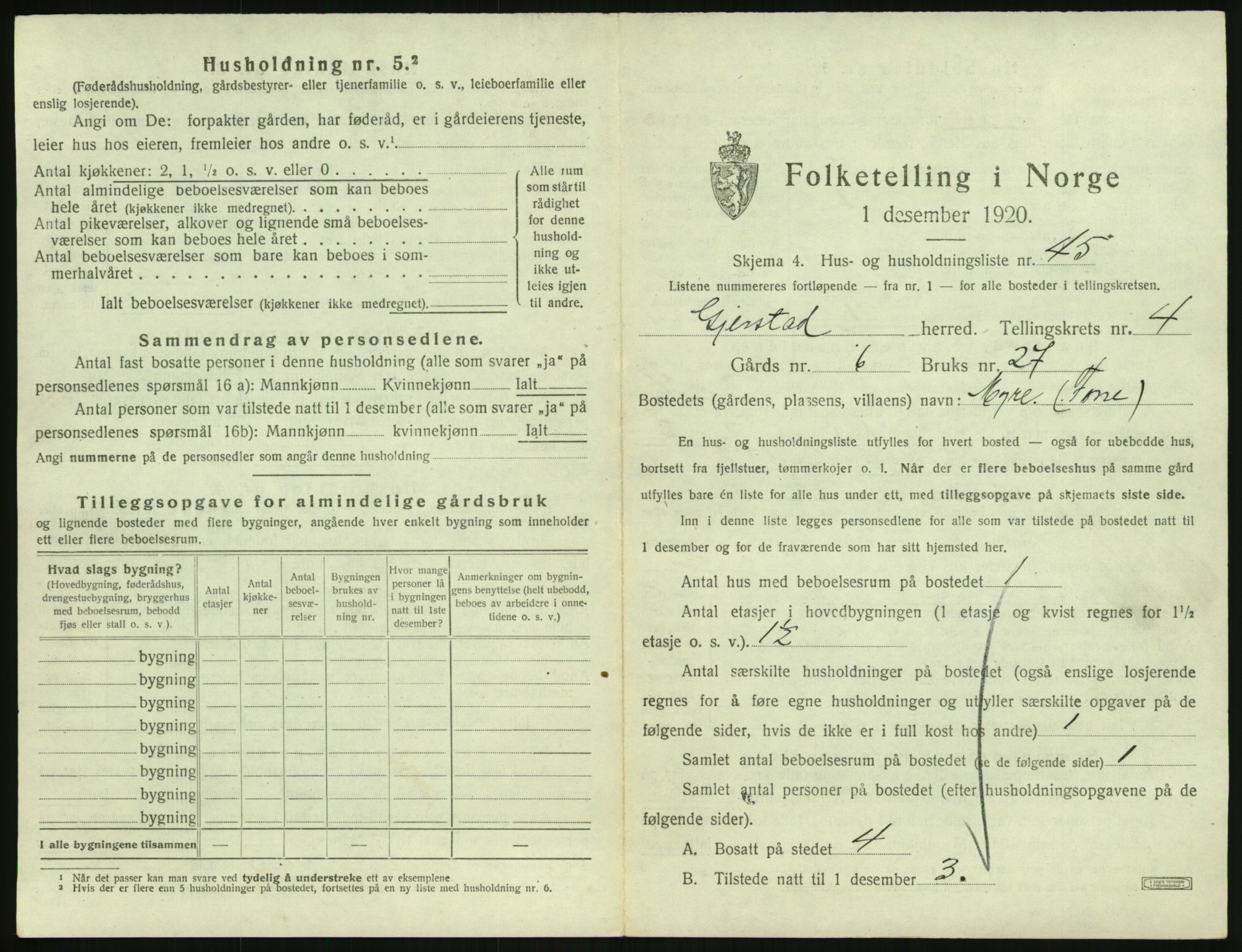 SAK, 1920 census for Gjerstad, 1920, p. 429