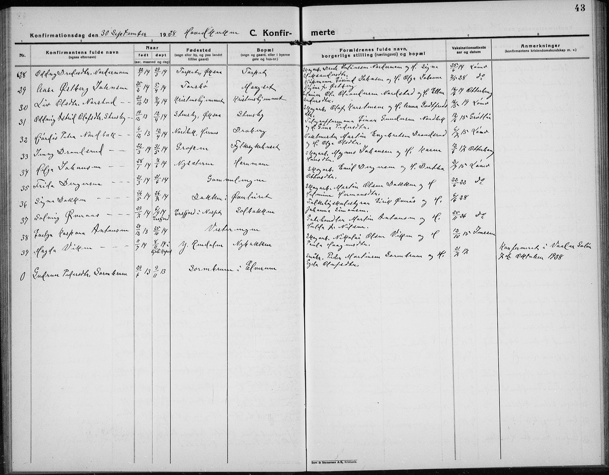 Elverum prestekontor, AV/SAH-PREST-044/H/Ha/Hab/L0032: Parish register (copy) no. 32, 1922-1936, p. 43