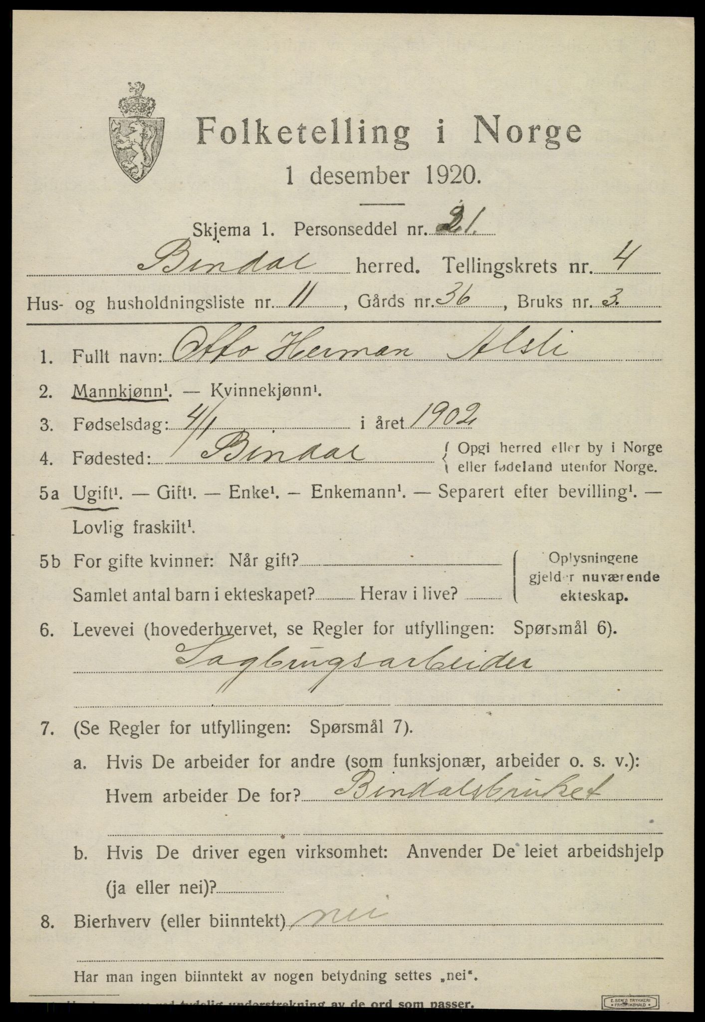 SAT, 1920 census for Bindal, 1920, p. 3499