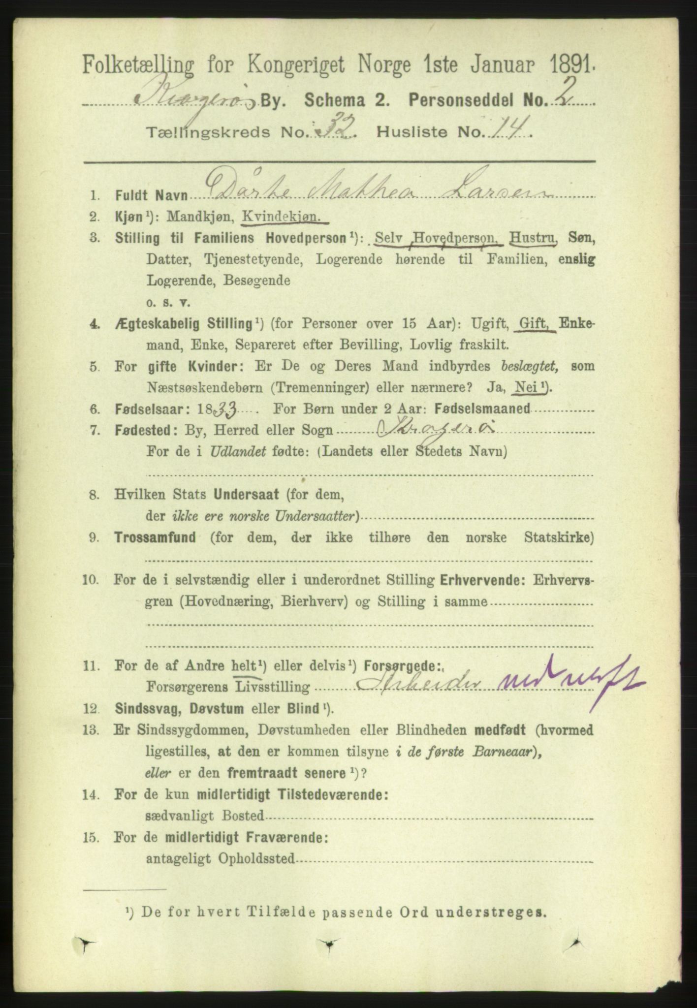 RA, 1891 census for 0801 Kragerø, 1891, p. 5858