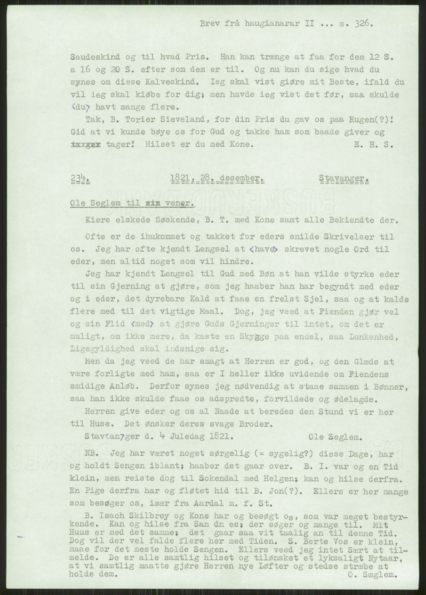 Samlinger til kildeutgivelse, Haugianerbrev, AV/RA-EA-6834/F/L0002: Haugianerbrev II: 1805-1821, 1805-1821, p. 326