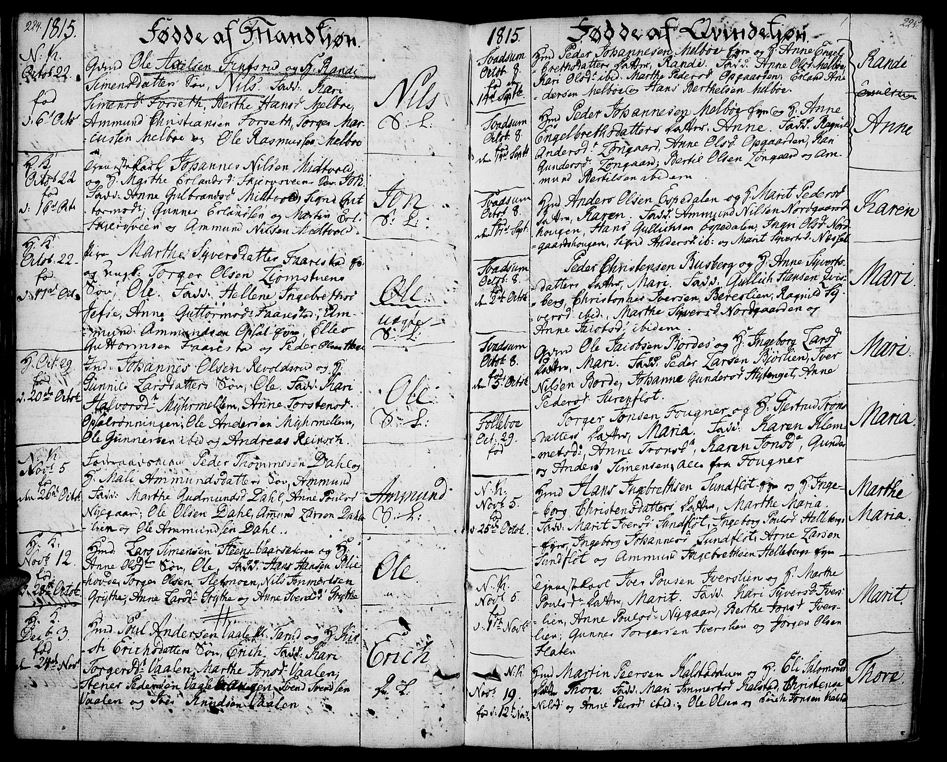Gausdal prestekontor, SAH/PREST-090/H/Ha/Haa/L0004: Parish register (official) no. 4, 1809-1817, p. 224-225