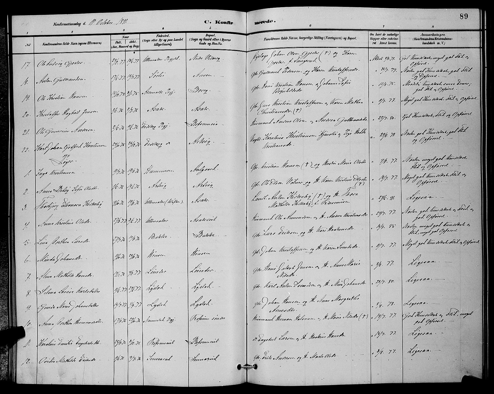 Sørum prestekontor Kirkebøker, AV/SAO-A-10303/G/Ga/L0005: Parish register (copy) no. I 5.1, 1886-1894, p. 89