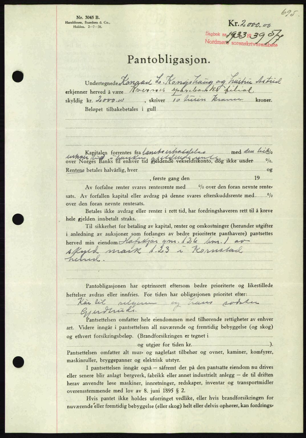 Nordmøre sorenskriveri, AV/SAT-A-4132/1/2/2Ca: Mortgage book no. B85, 1939-1939, Diary no: : 1933/1939