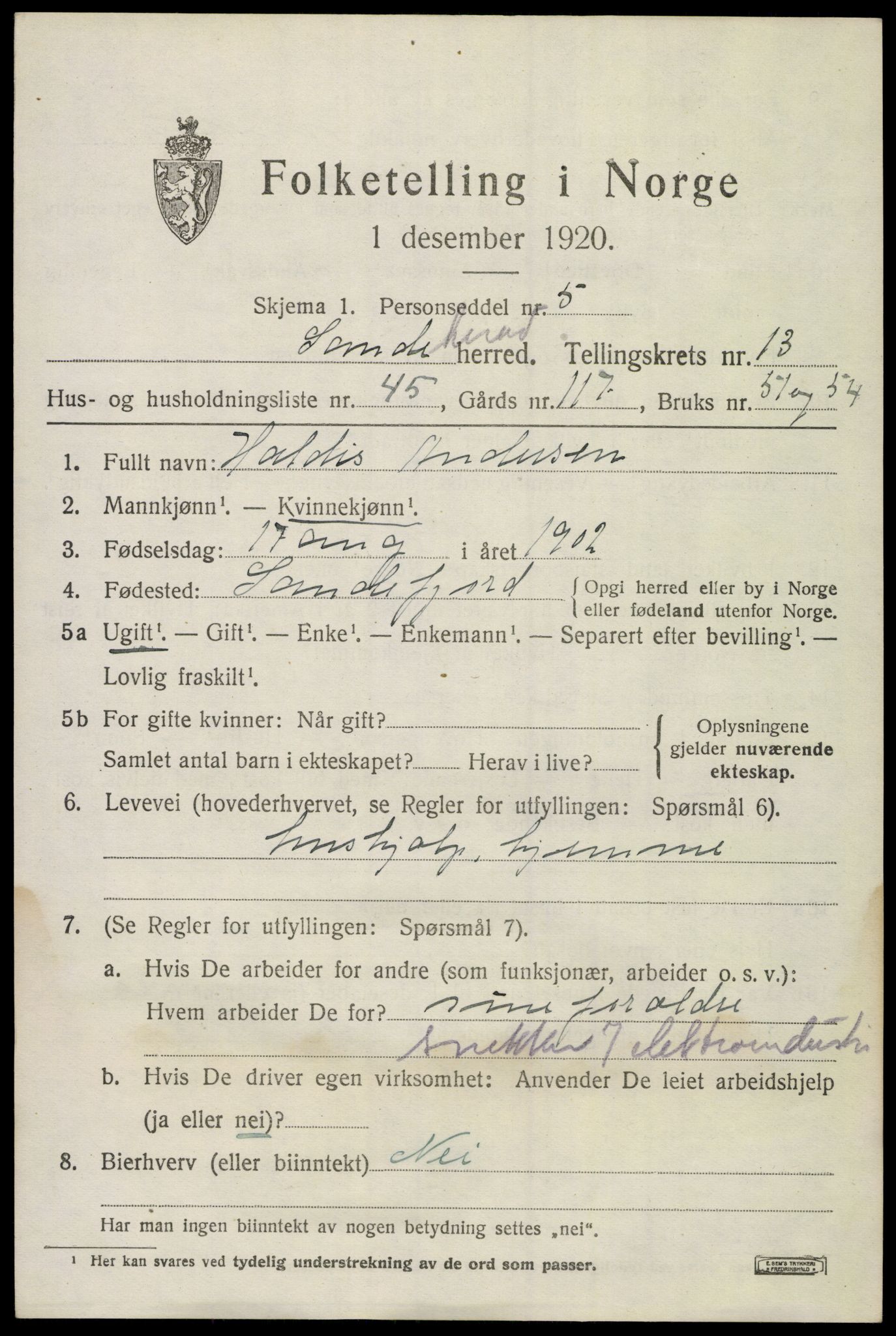 SAKO, 1920 census for Sandeherred, 1920, p. 19848