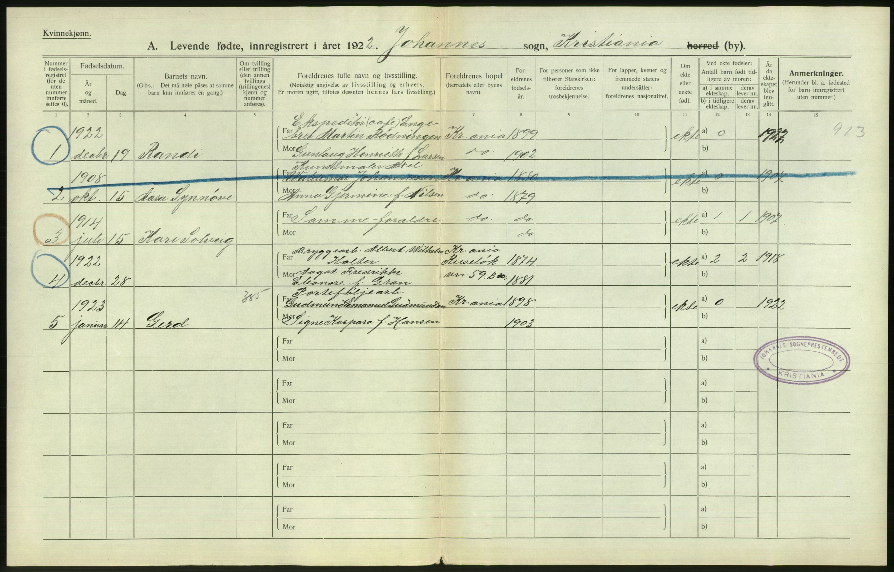 Statistisk sentralbyrå, Sosiodemografiske emner, Befolkning, AV/RA-S-2228/D/Df/Dfc/Dfcc/L0006: Kristiania: Levendefødte menn og kvinner., 1923, p. 740