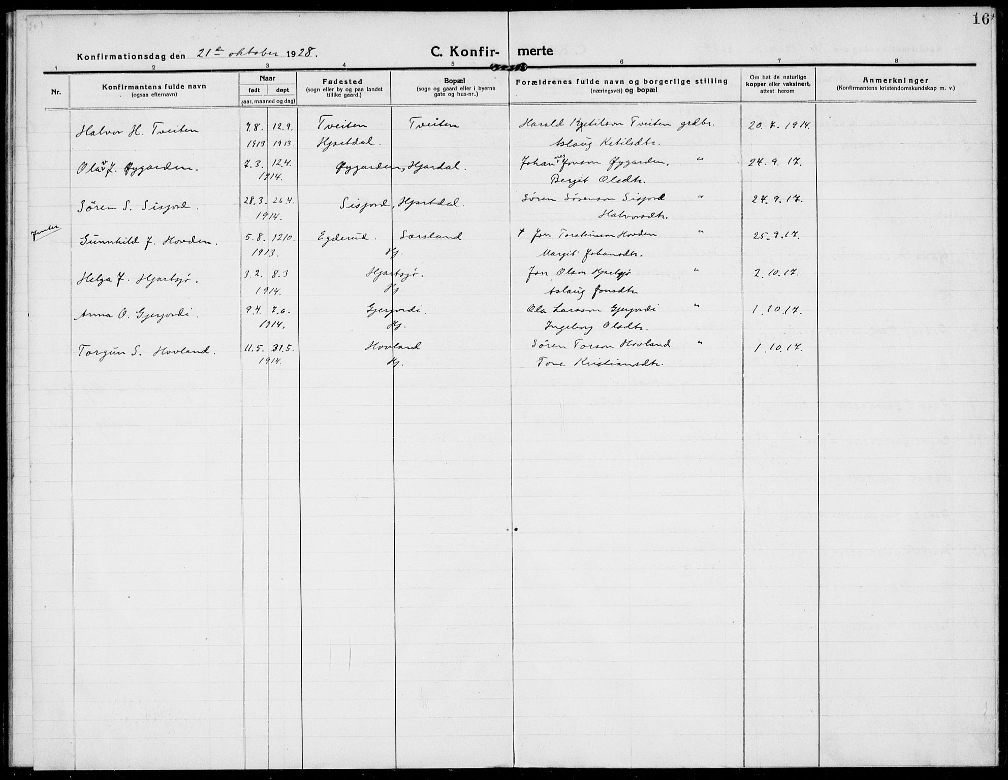 Hjartdal kirkebøker, SAKO/A-270/F/Fa/L0011: Parish register (official) no. I 11, 1916-1929, p. 16