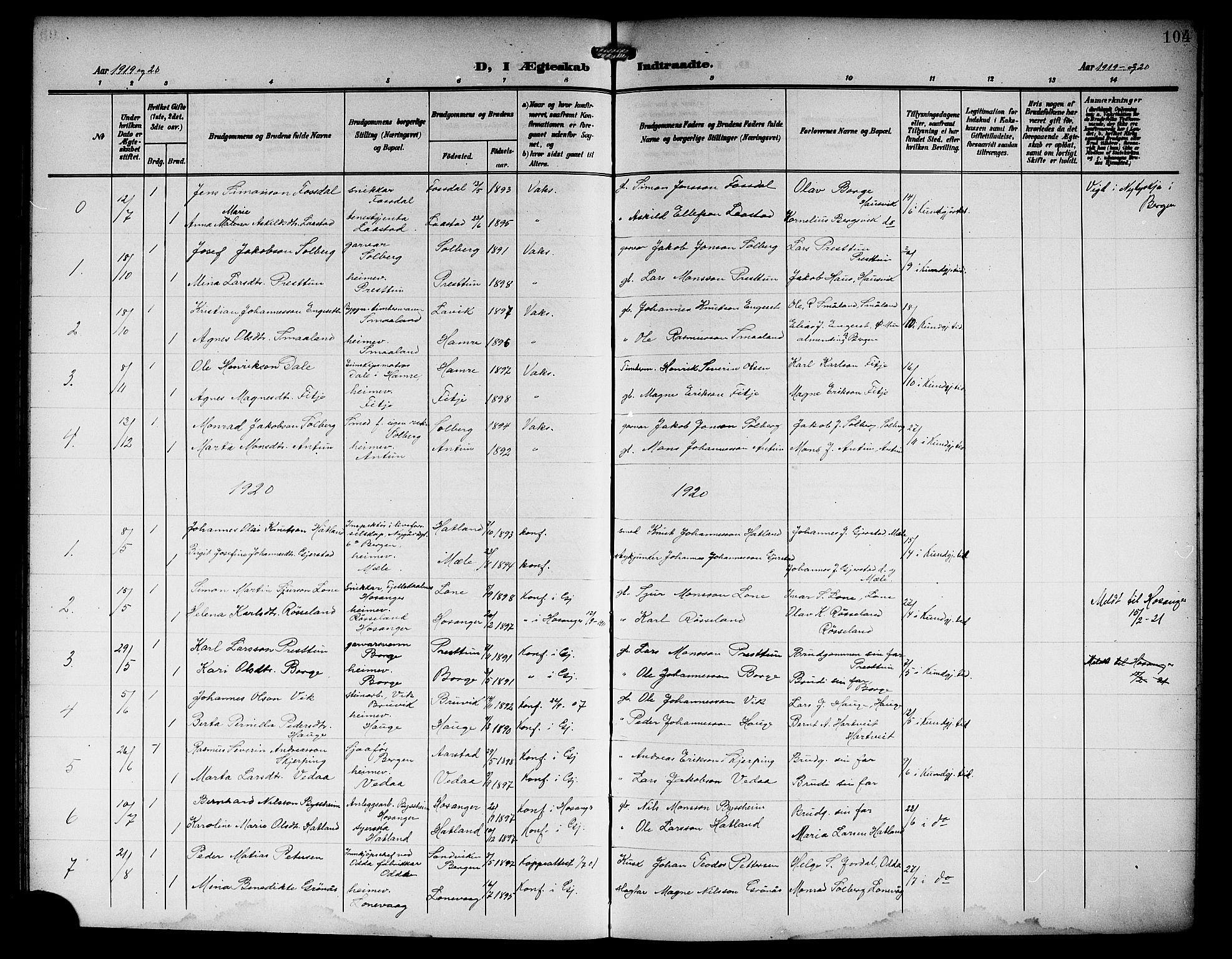 Haus sokneprestembete, SAB/A-75601/H/Hab: Parish register (copy) no. C 4, 1907-1922, p. 104
