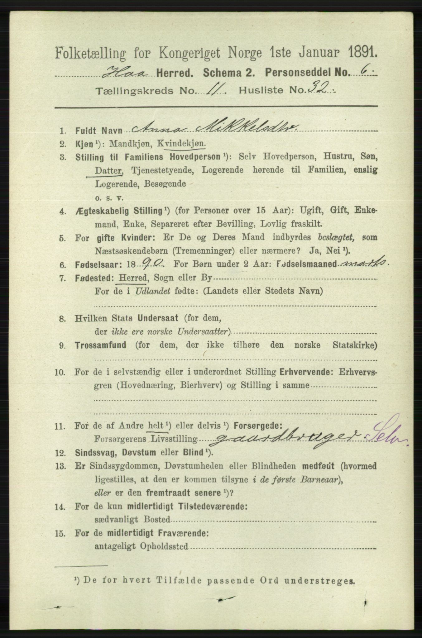 RA, 1891 census for 1119 Hå, 1891, p. 2829