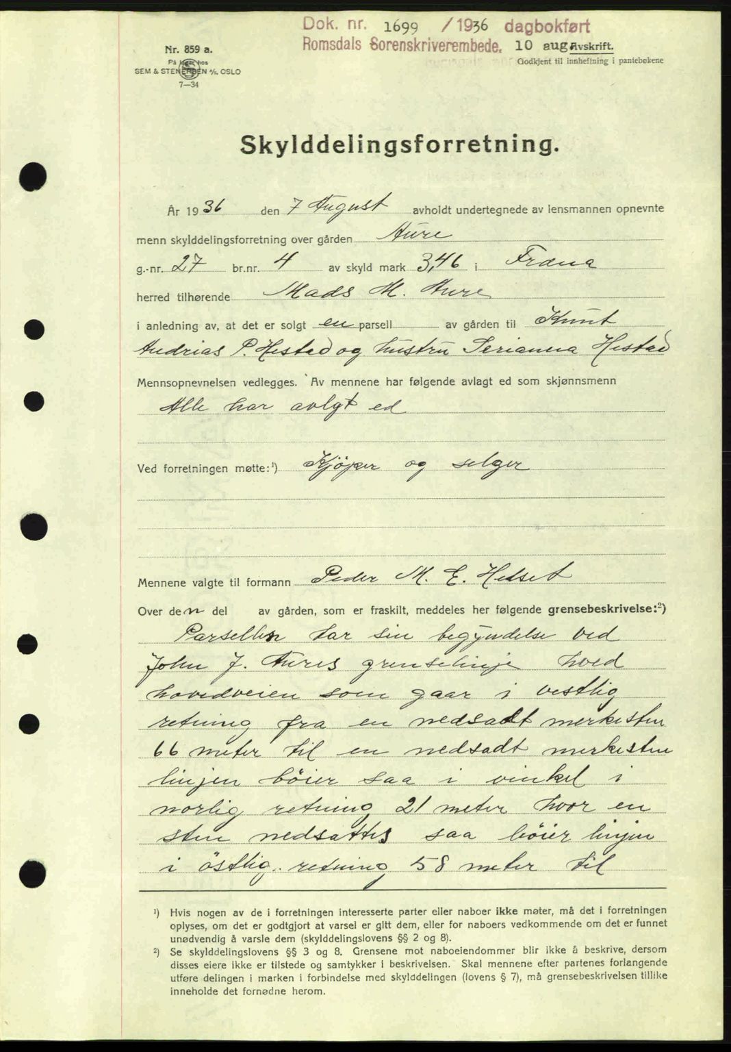 Romsdal sorenskriveri, AV/SAT-A-4149/1/2/2C: Mortgage book no. A1, 1936-1936, Diary no: : 1699/1936