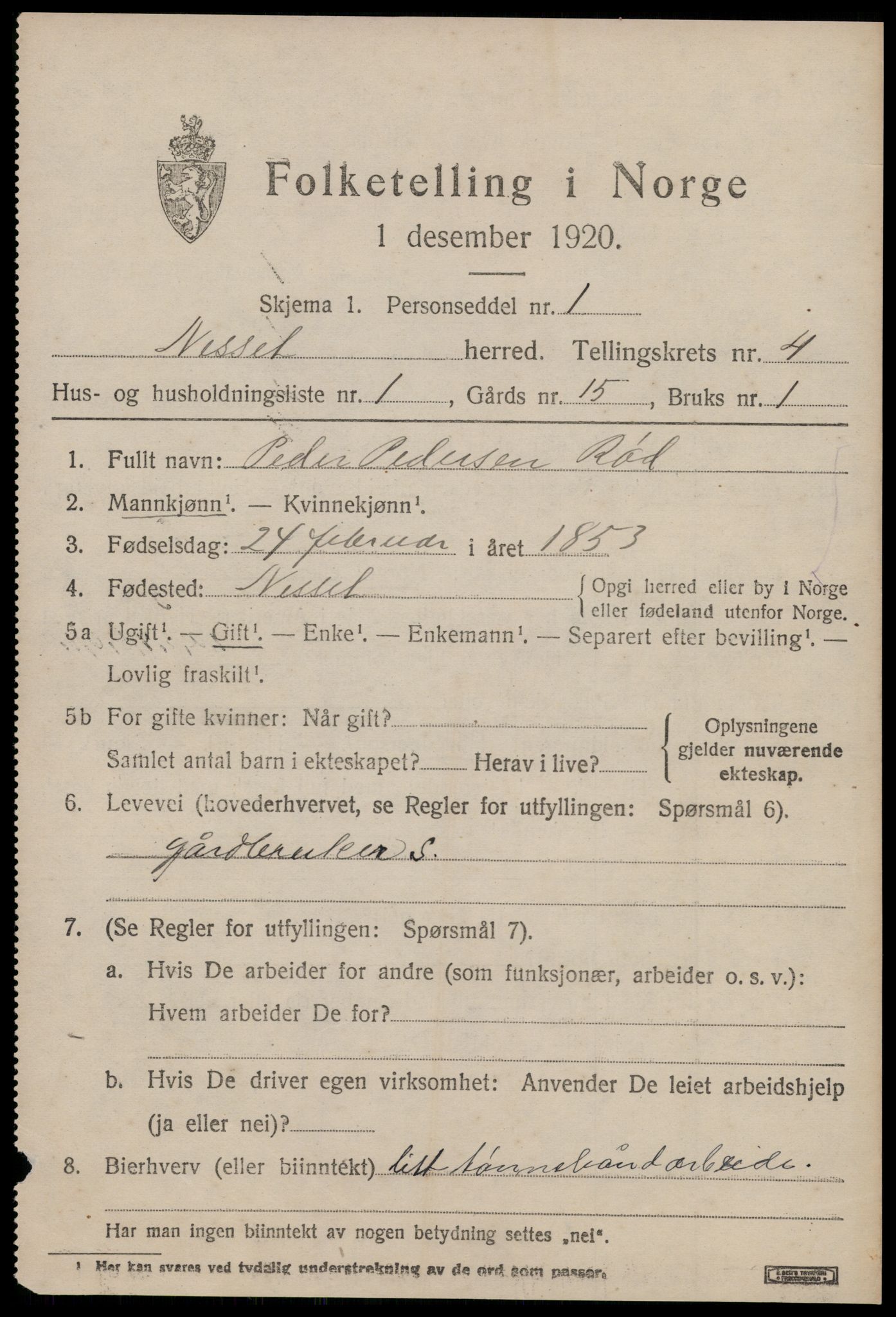SAT, 1920 census for Nesset, 1920, p. 1482
