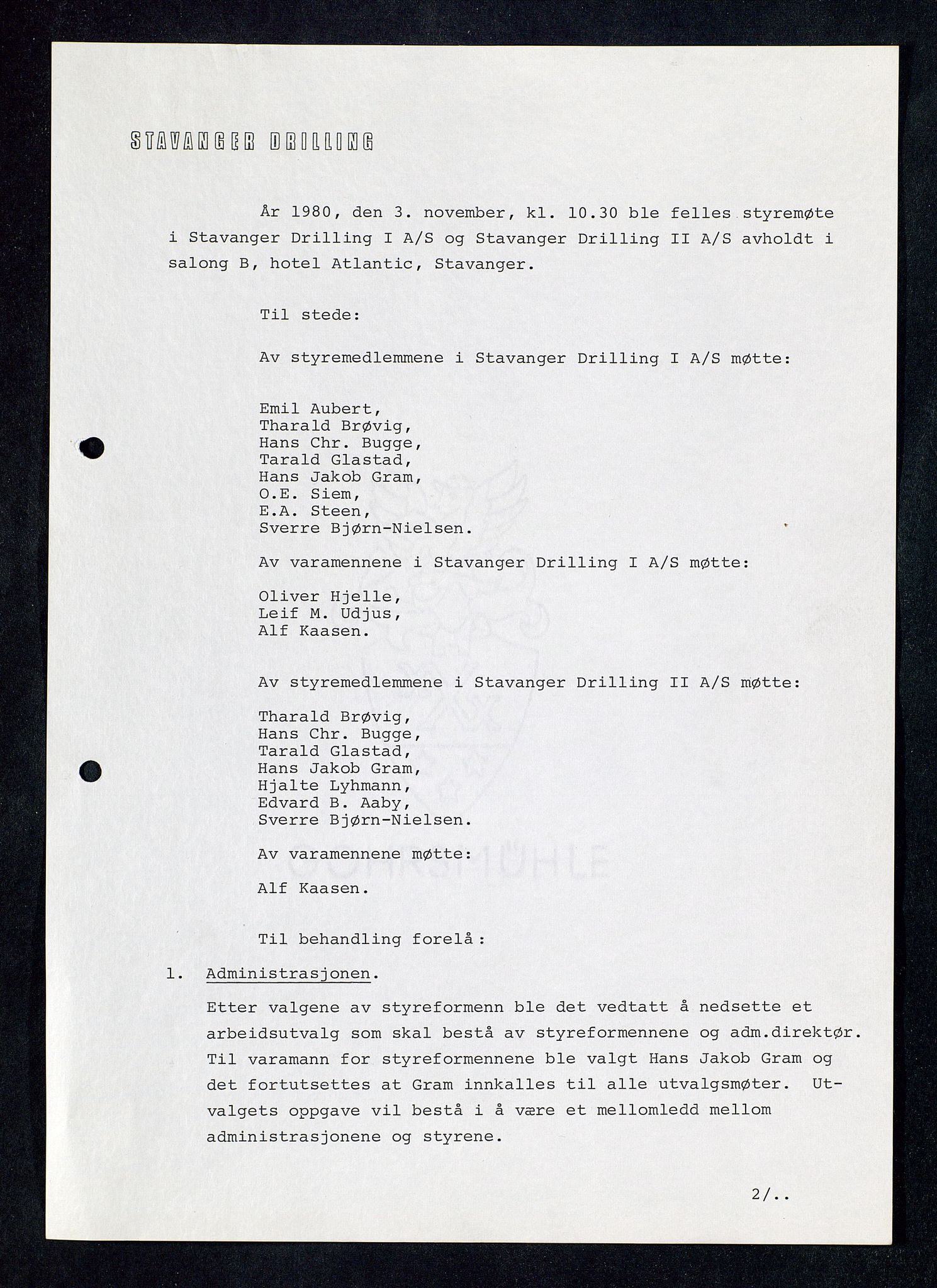 Pa 1503 - Stavanger Drilling AS, SAST/A-101906/A/Ab/Aba/L0001: Styreprotokoll Stavanger Drilling I A/S 1974-1983. Inneholder også Protokoll fellesmøter Stavanger Drilling I og II 1977-1981. Samt Protokoll Generalforsamling Stavanger Drilling II A/S 1982., 1974-1983, p. 3