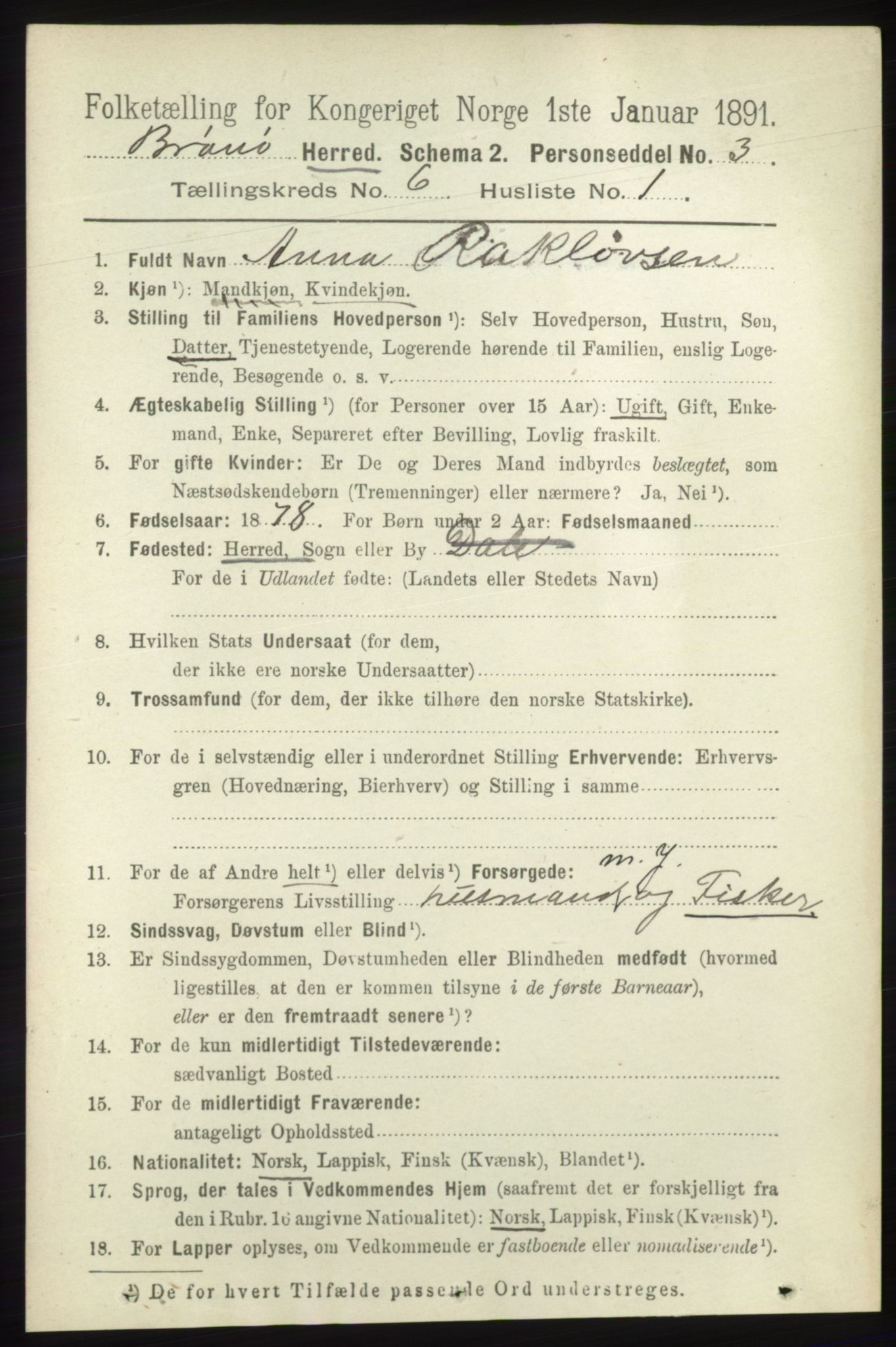 RA, 1891 census for 1814 Brønnøy, 1891, p. 3255