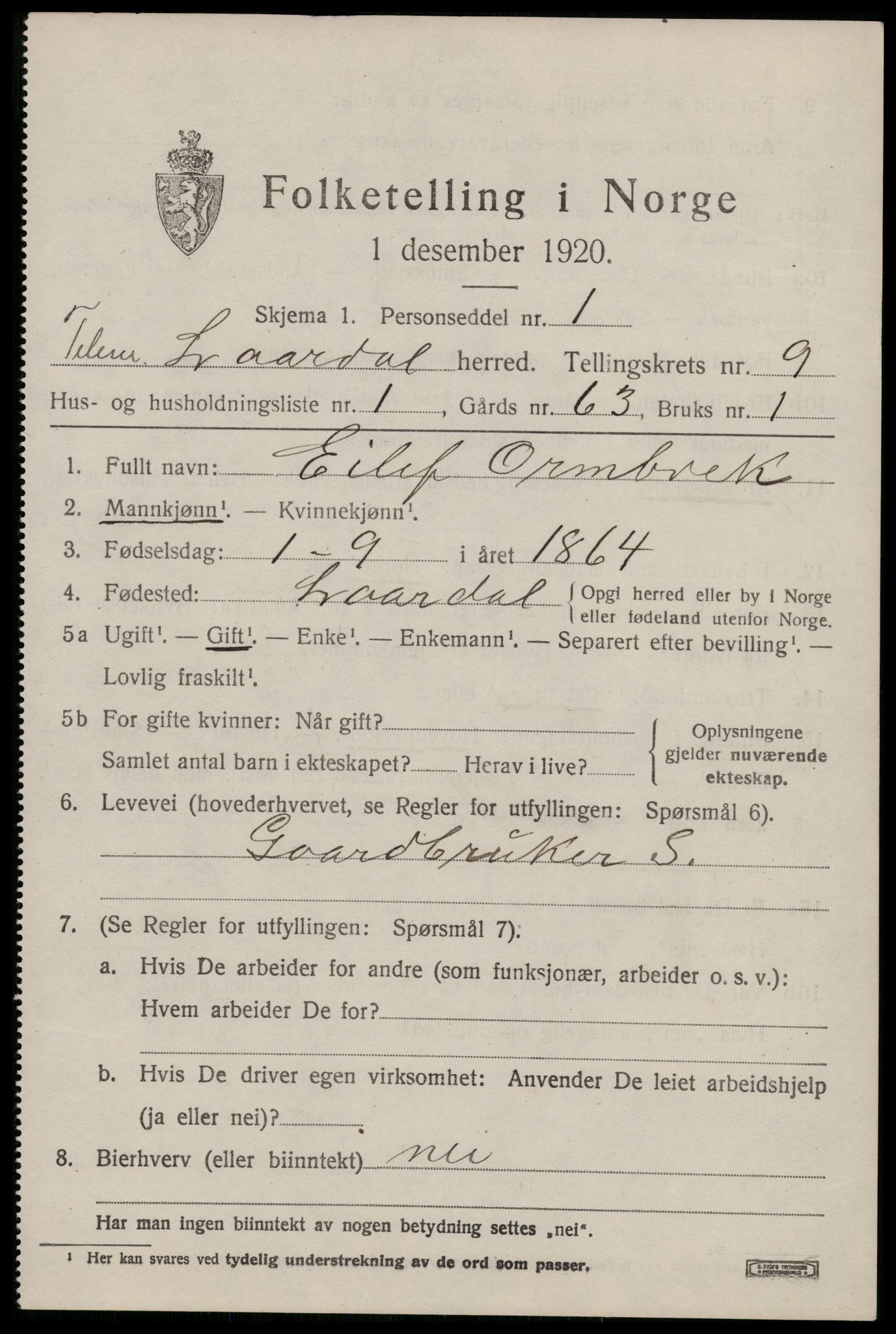 SAKO, 1920 census for Lårdal, 1920, p. 3175