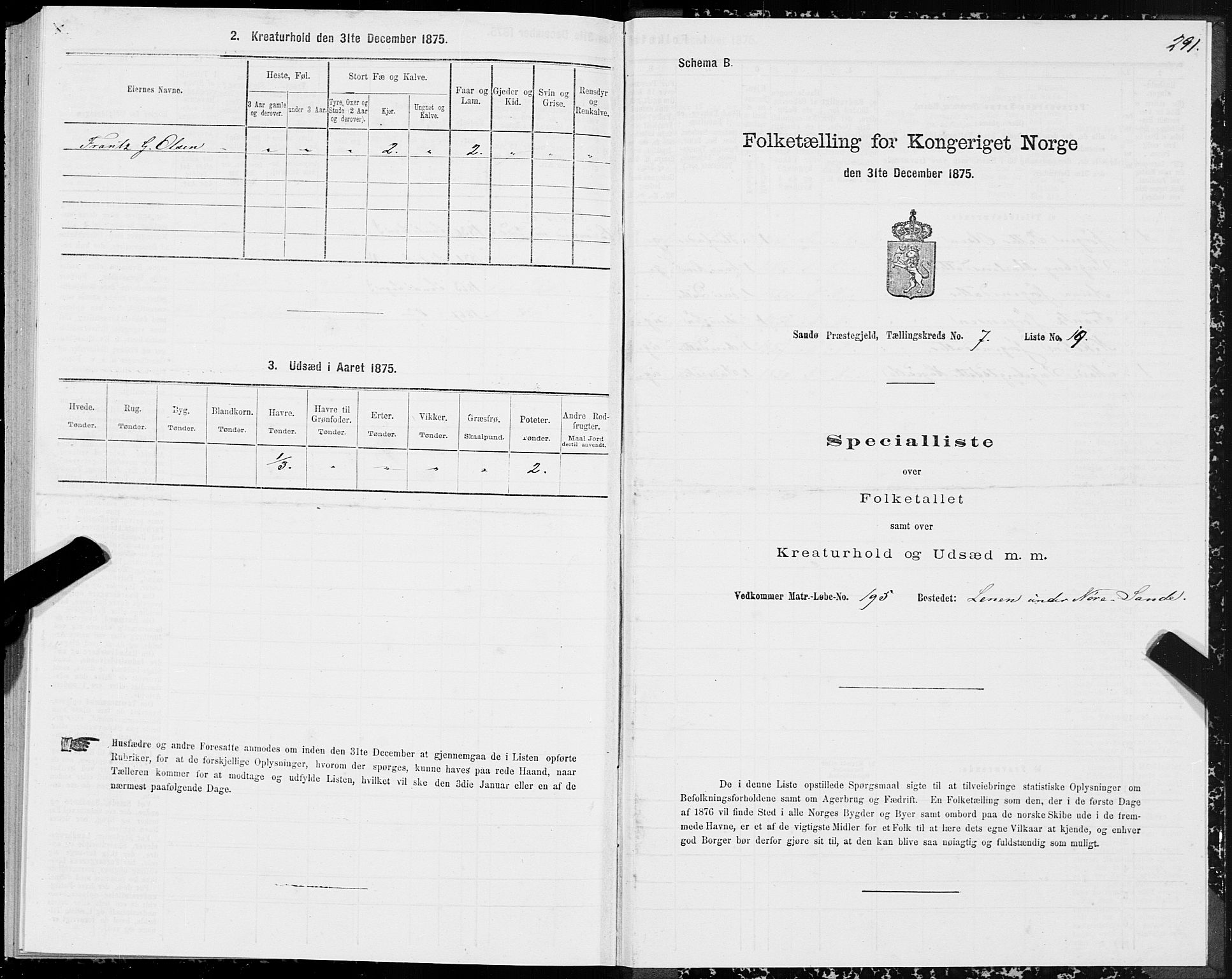 SAT, 1875 census for 1514P Sande, 1875, p. 3291